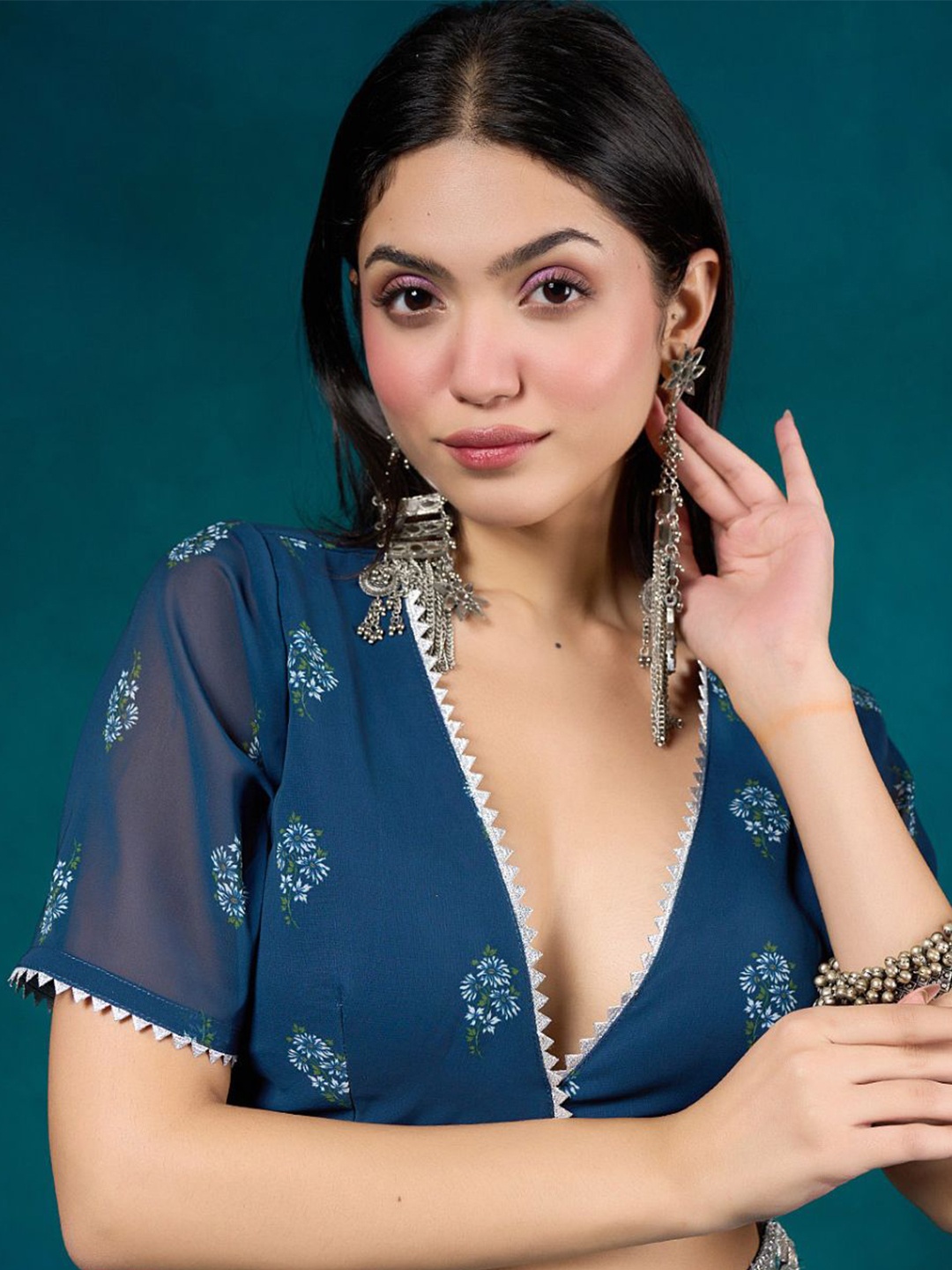 

Alaya By Stage3 Blue Printed Georgette Styled Back Crop Top