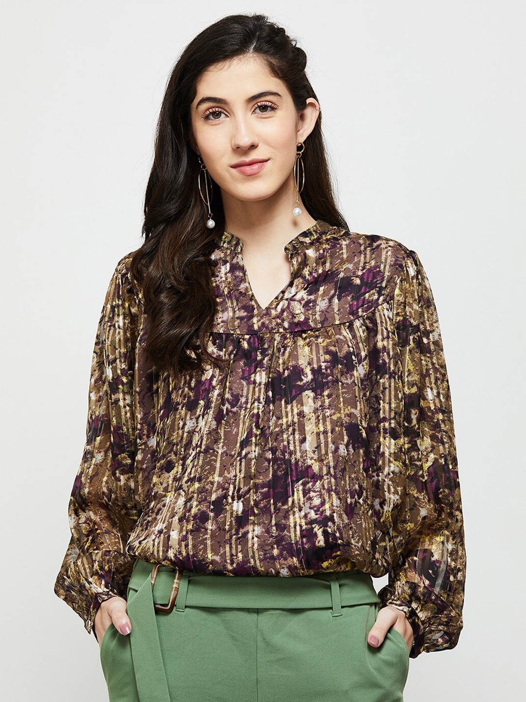 

max Brown & Burgundy Print Mandarin Collar Blouson Top