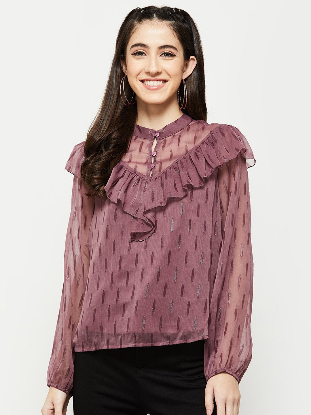 

max Purple Mandarin Collar Ruffles Top