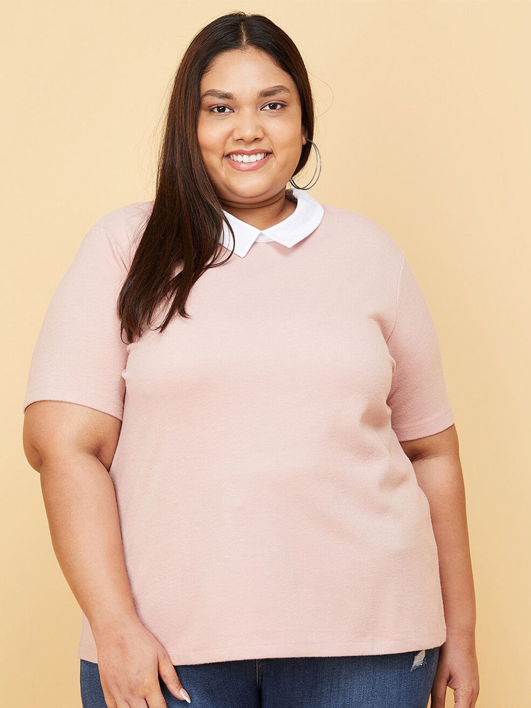 

max Women Plus Size Pink Peter Pan Collar Top