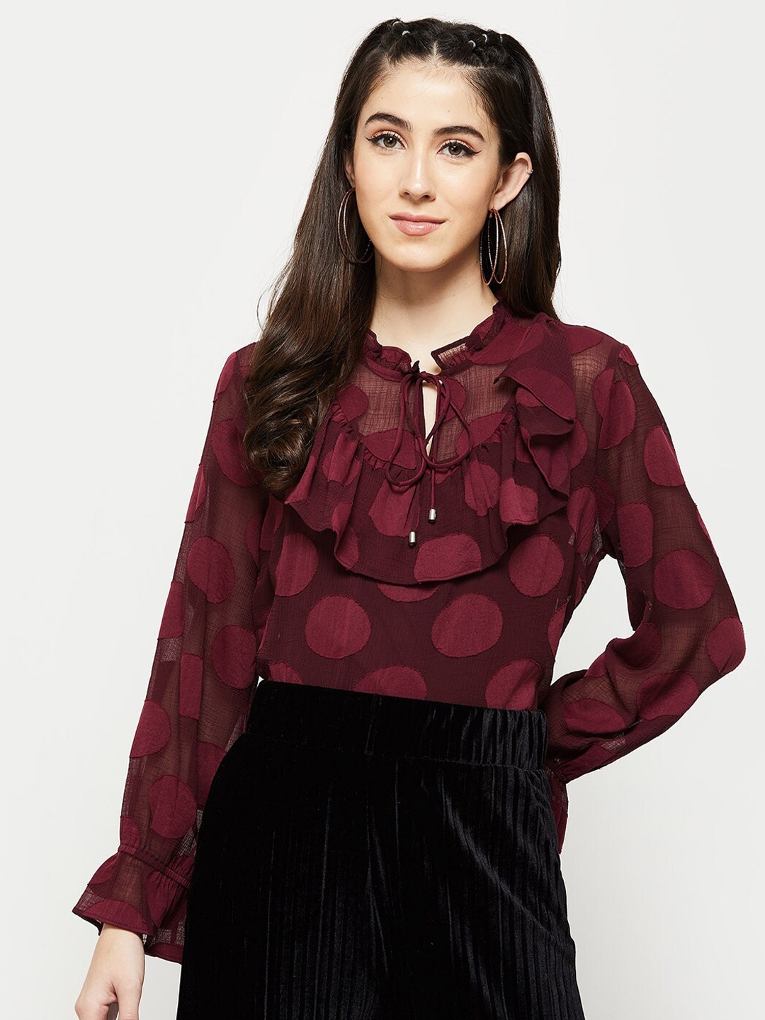 

max Red Geometric Tie-Up Neck Ruffles Blouson Top