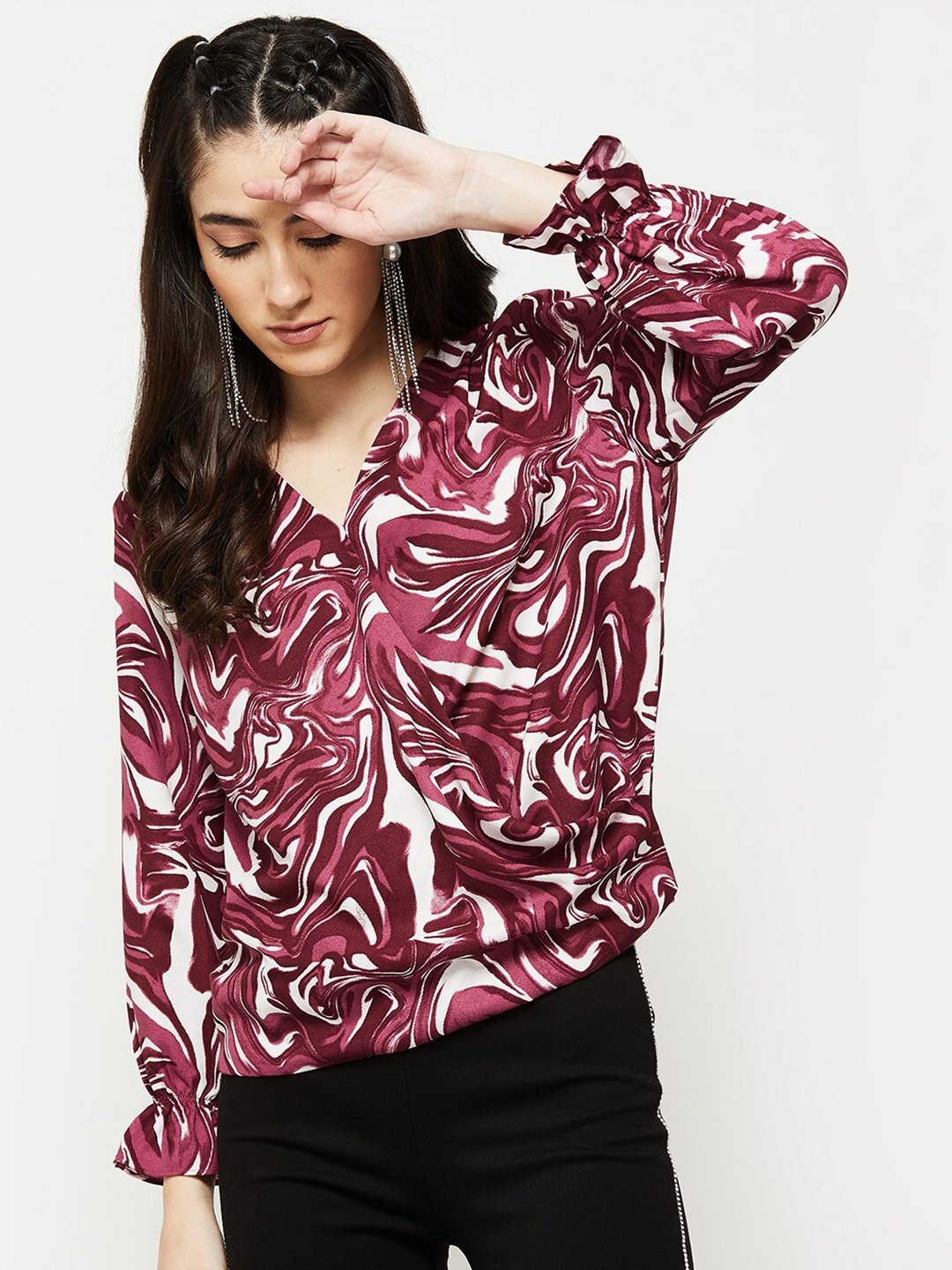 

max Maroon & White Printed Blouson Top