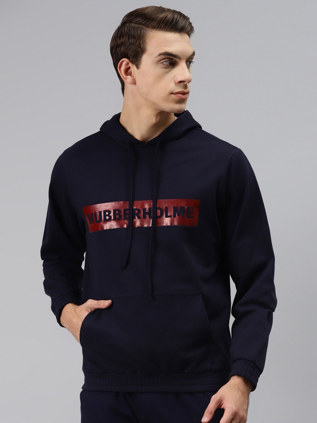 

Hubberholme Men Navy Blue Printed Hooded Sweatshirt