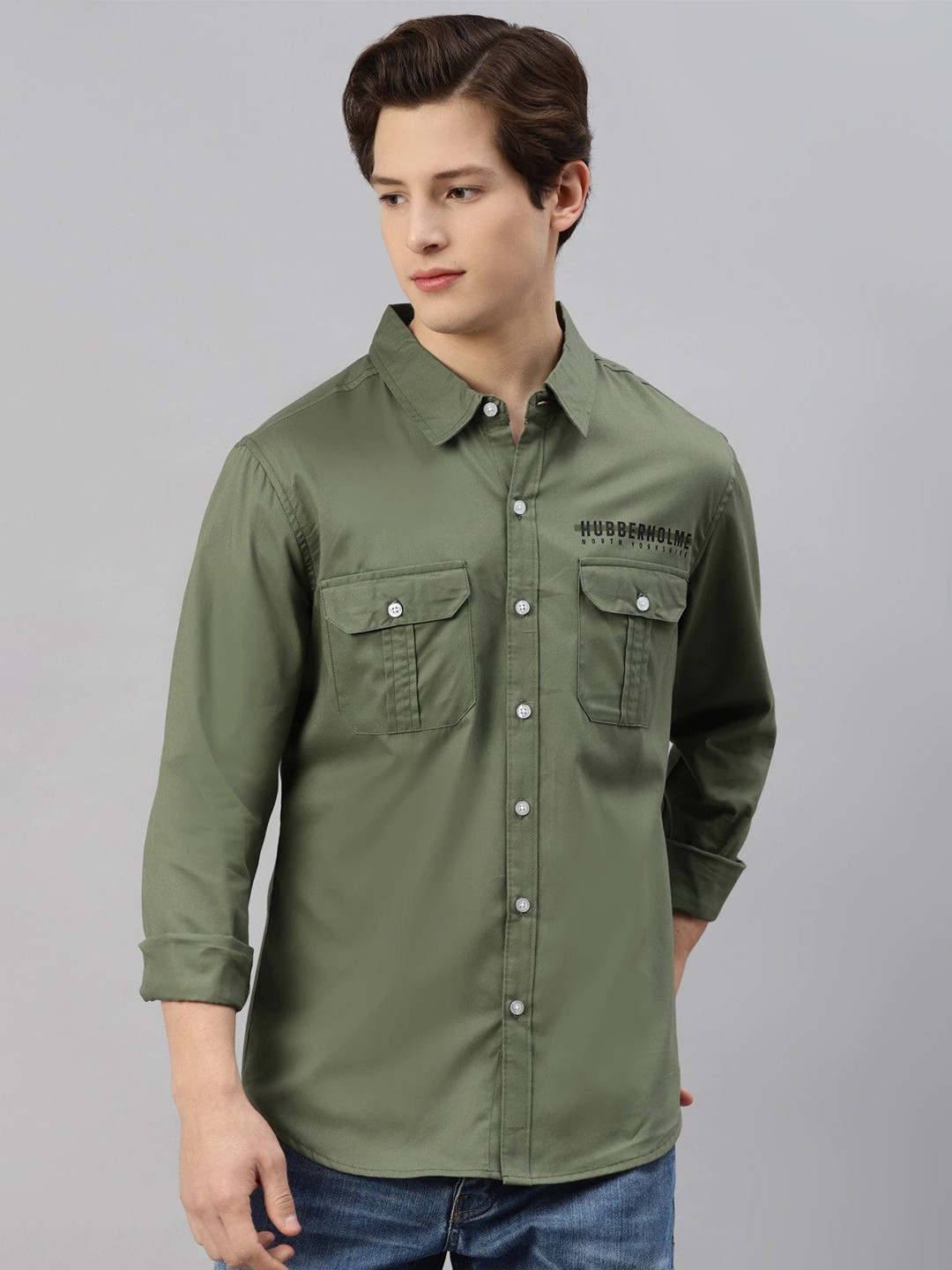 

Hubberholme Men Olive Green Pure Cotton Classic Casual Shirt