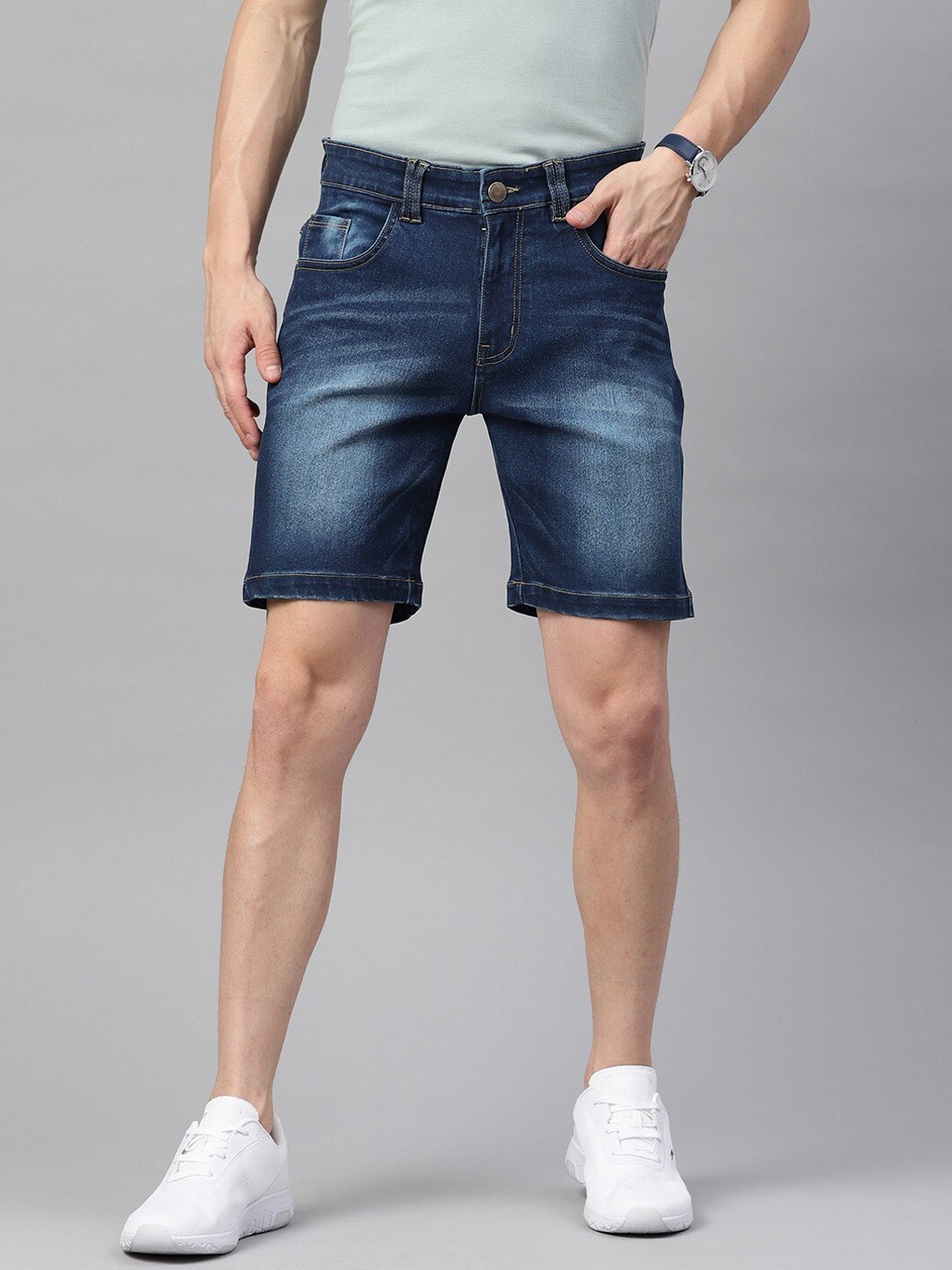 

Hubberholme Men Navy Blue Washed Slim Fit Denim Shorts