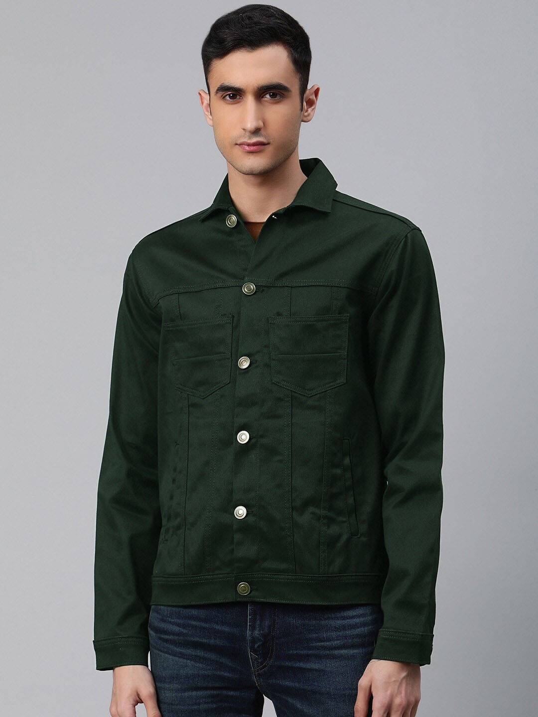 

Hubberholme Men Green Solid Pure Cotton Lightweight Denim Jacket