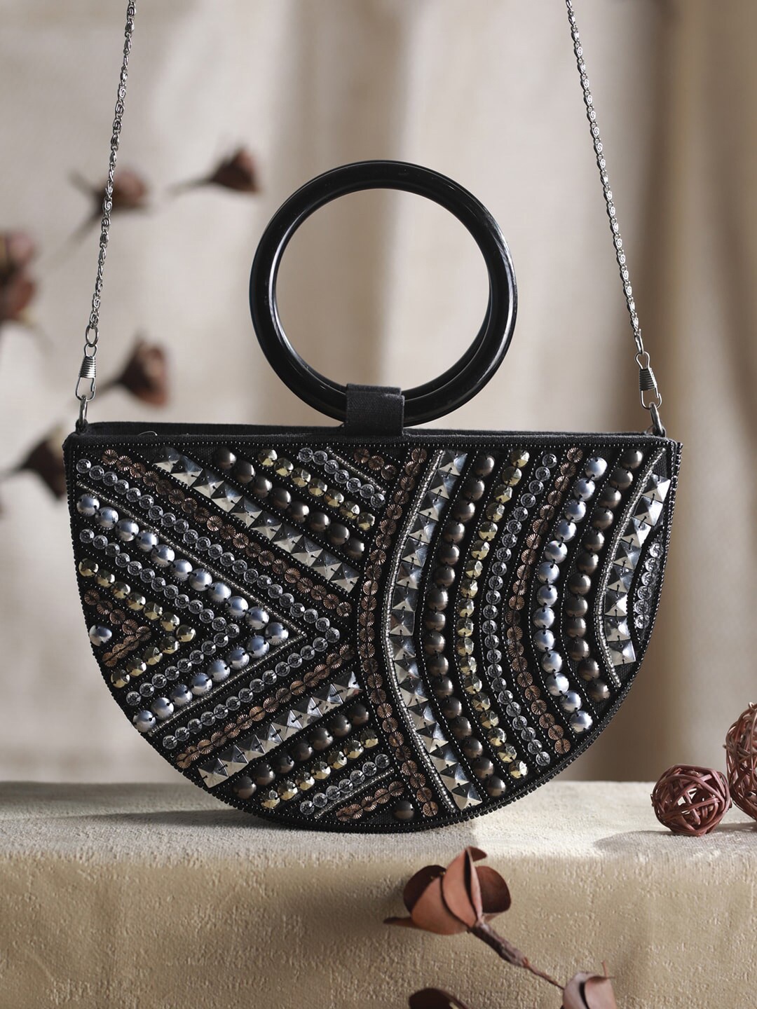 

Priyaasi Black Textured Structured Handheld Bag