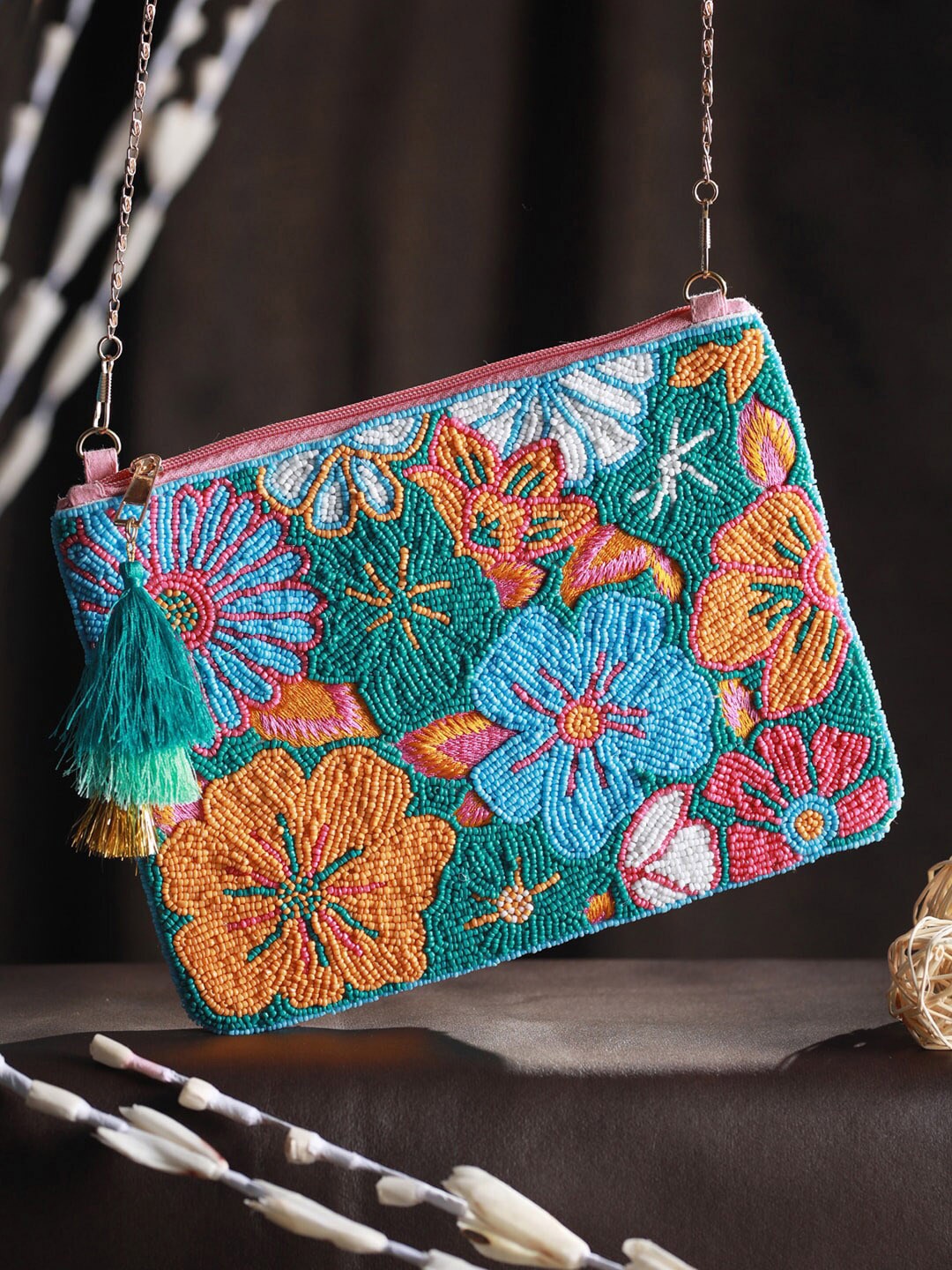 

Priyaasi Yellow Embellished Sling Bag with Tasselled