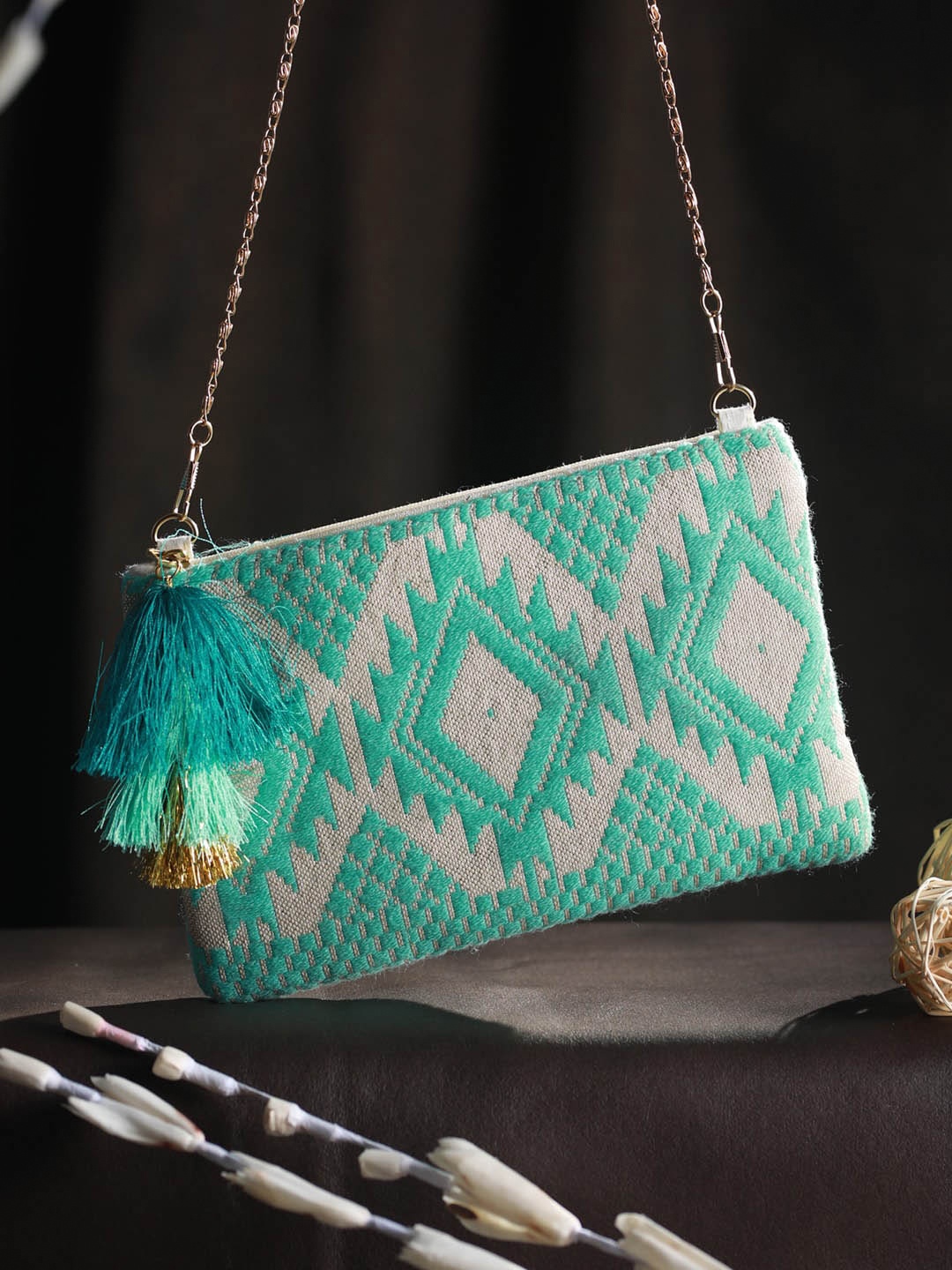 

Priyaasi Sea Green Printed Structured Sling Bag with Tasselled