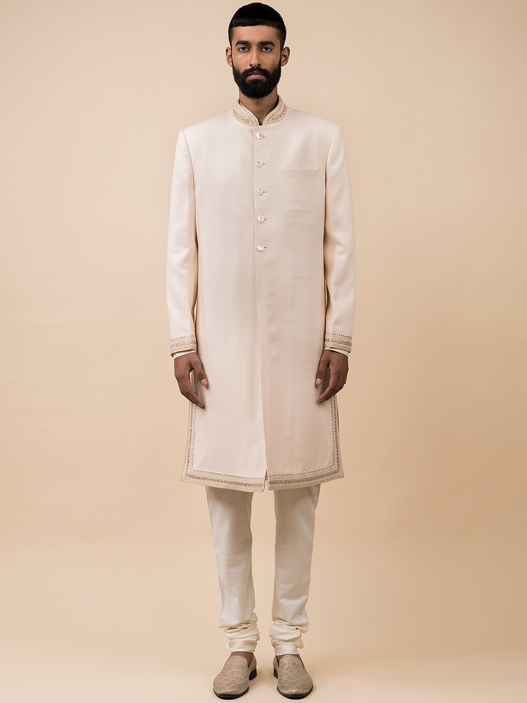 

Tasva Men Off White Solid Linen Sherwani Set