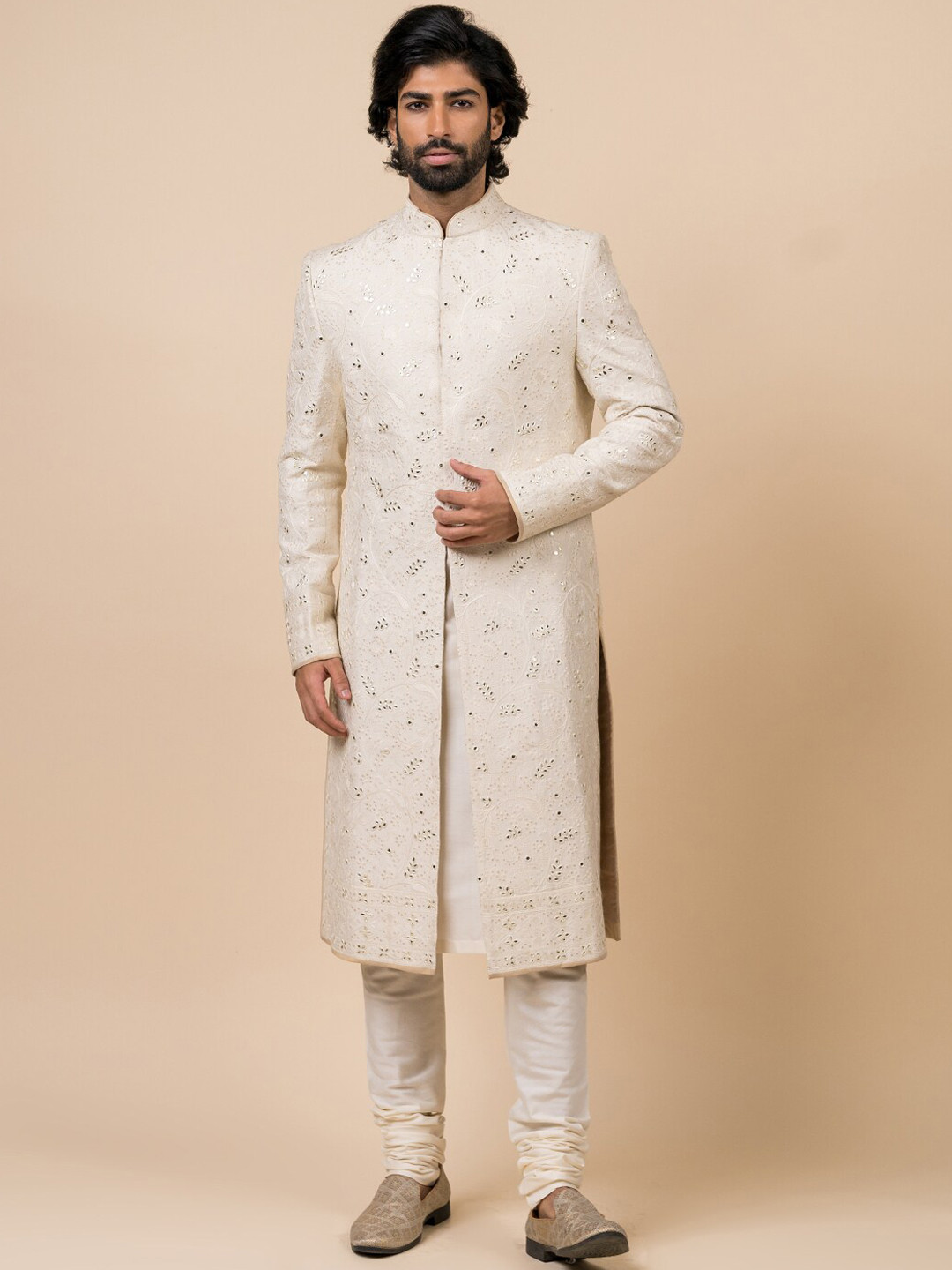 

Tasva Men Off White Embroidered Sherwani Set