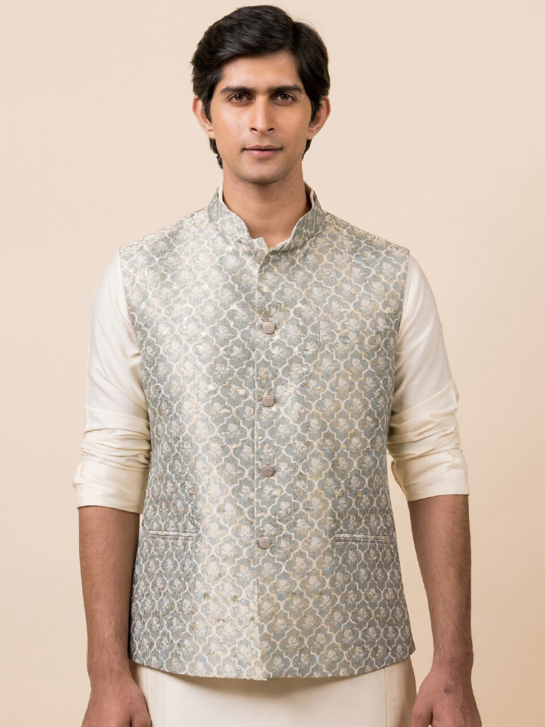 

Tasva Men Green Woven Design Nehru Jacket