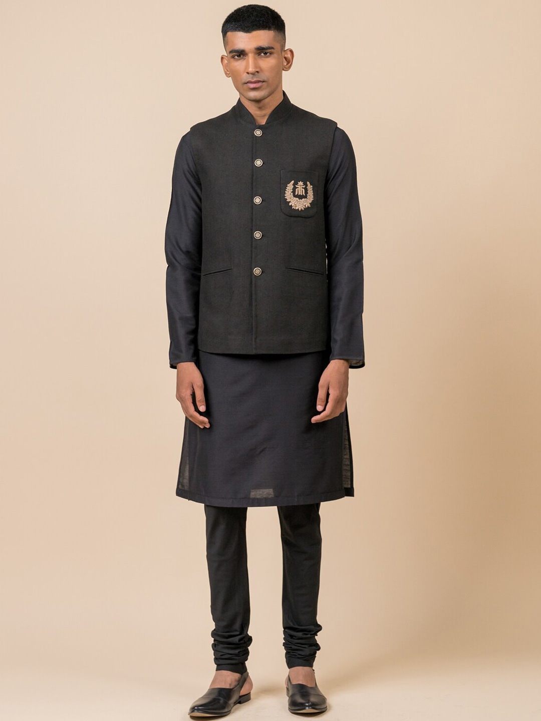 

Tasva Men Black Solid Cotton Nehru Jacket