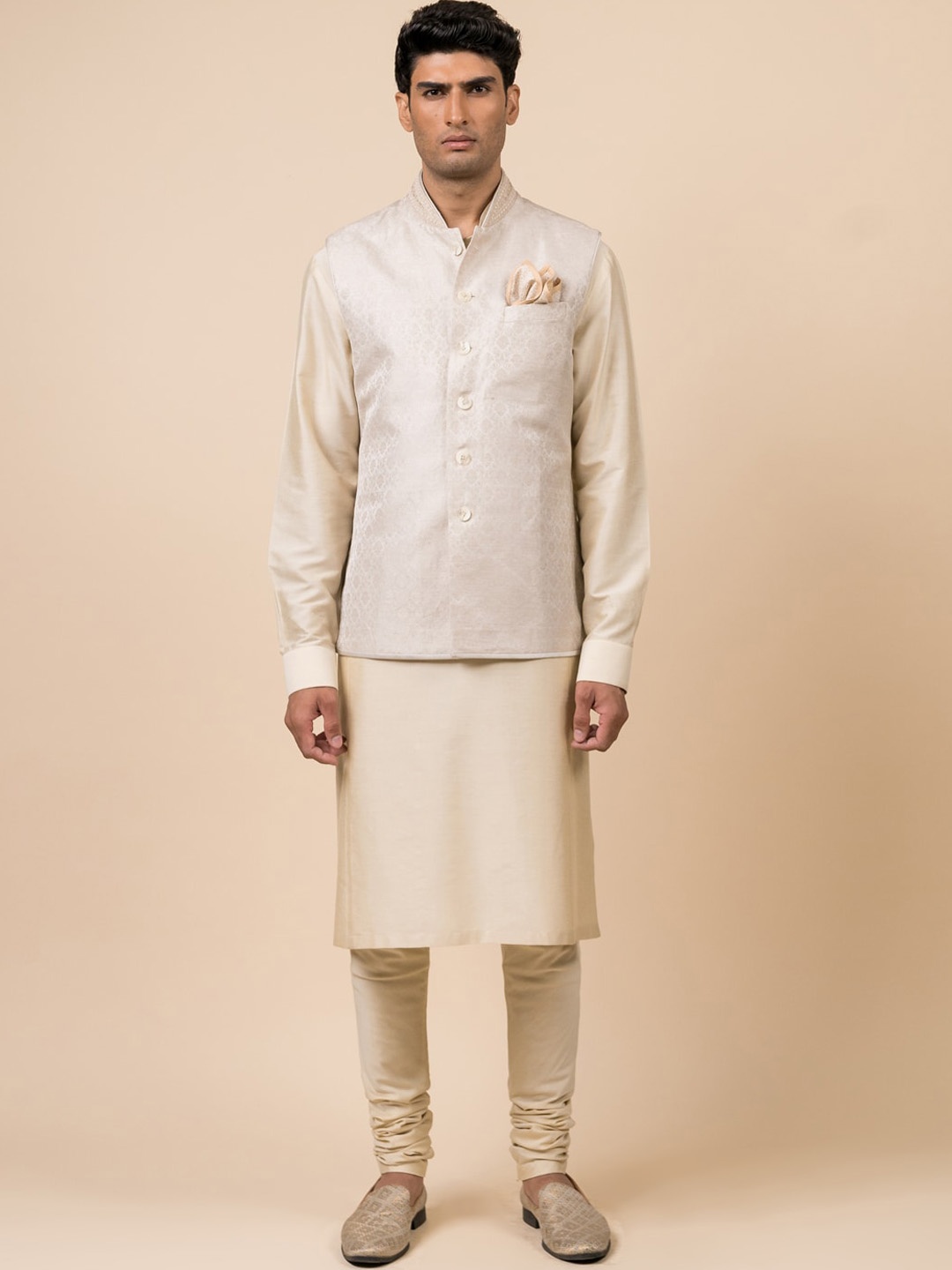 

Tasva Men Off White Woven Design Linen Nehru Jacket