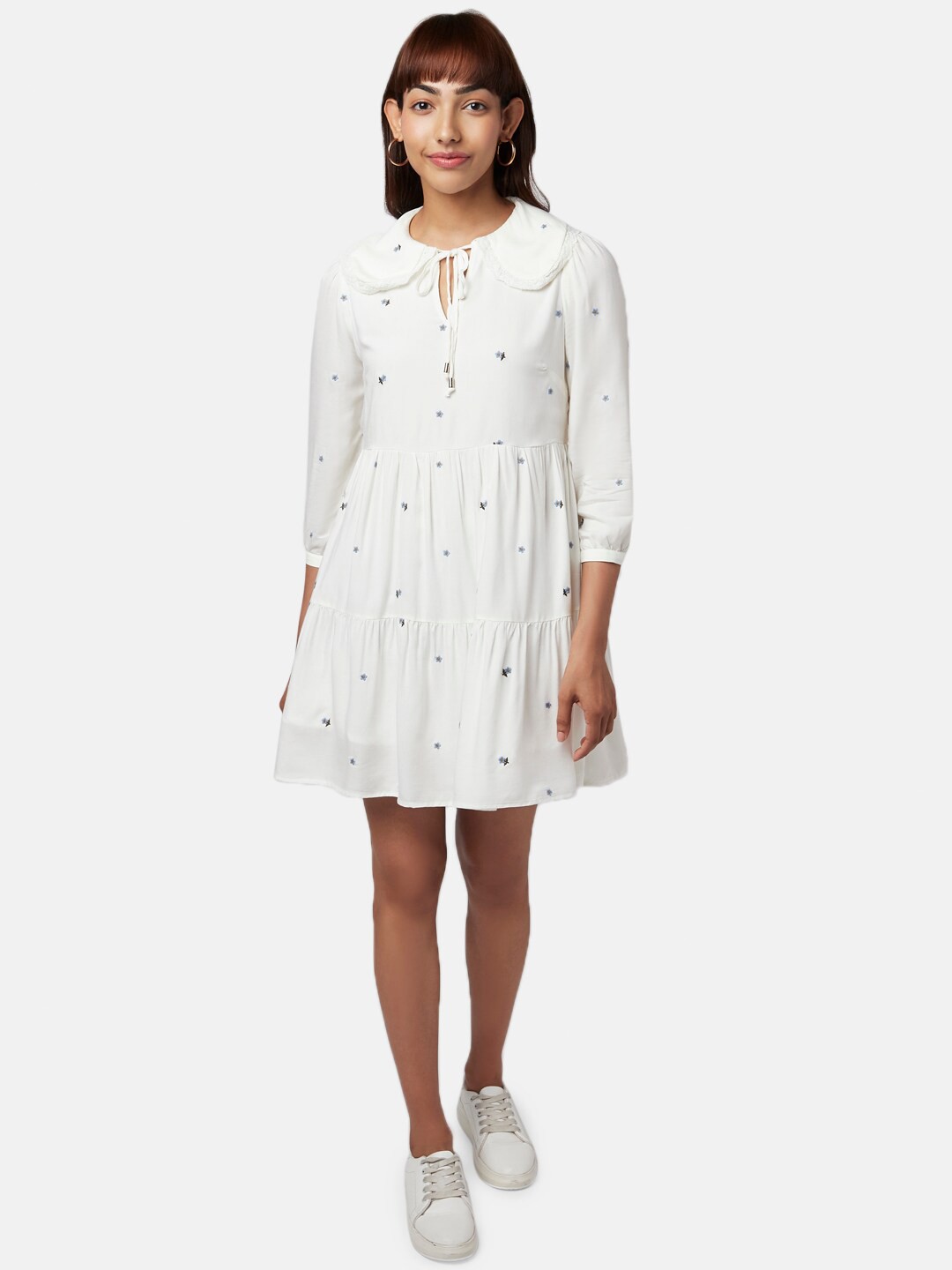 

Honey by Pantaloons Off White Floral Tie-Up Neck Dress