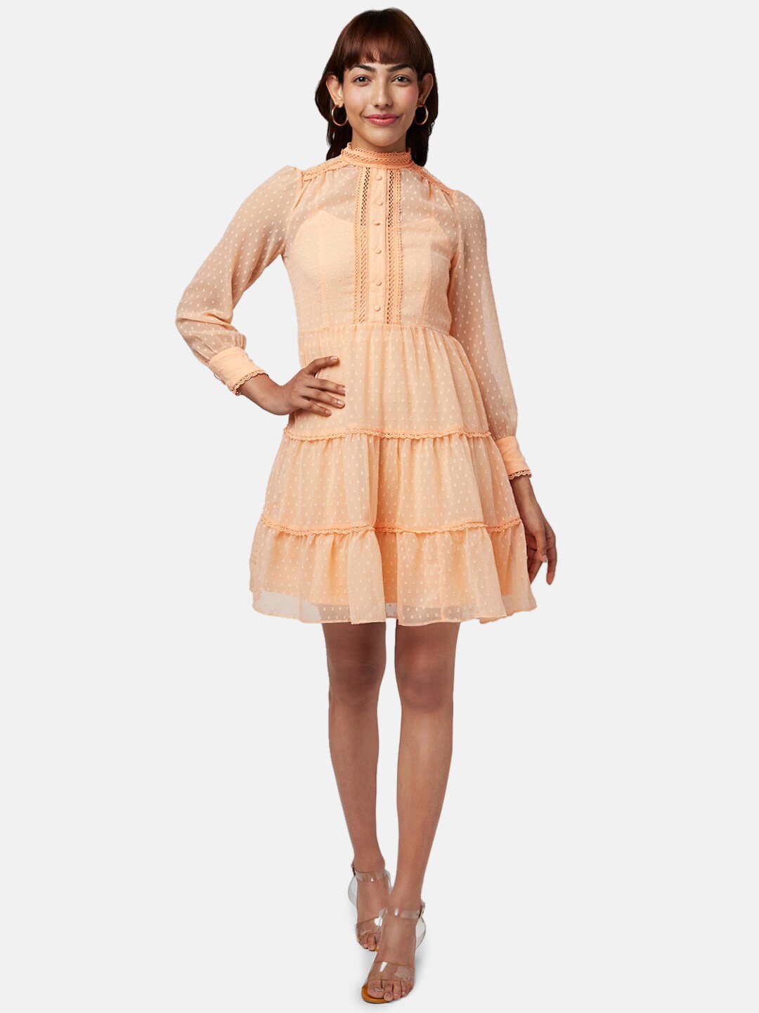 

Honey by Pantaloons Peach-Coloured Self Design Tiered Dress