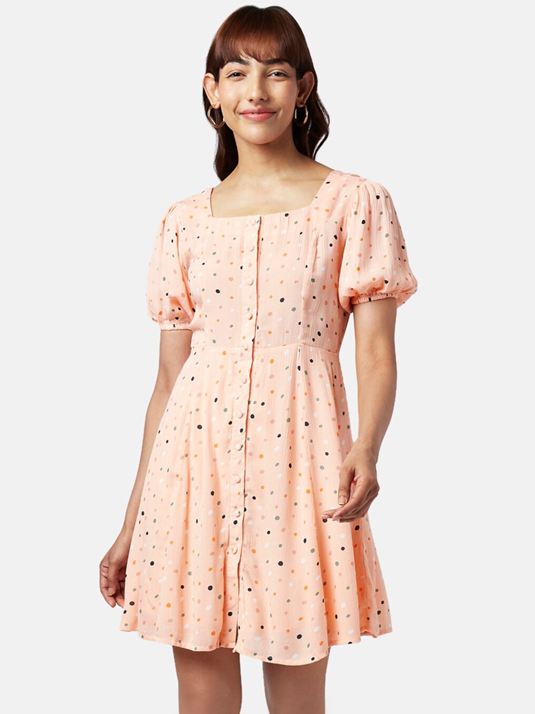 

People Pink Polka Dots Printed Puff Sleeve Dress