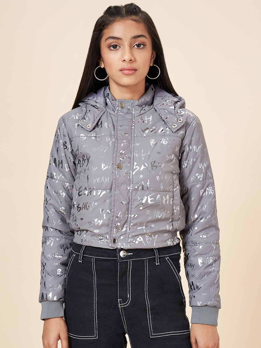 

Coolsters by Pantaloons Girls Grey & Black Printed Crop Tailored Jacket