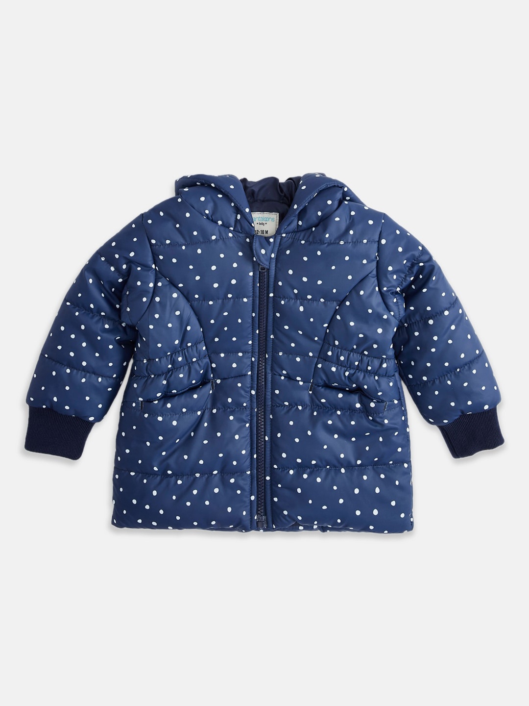 

Pantaloons Baby Girls Navy Blue White Puffer Jacket with Patchwork