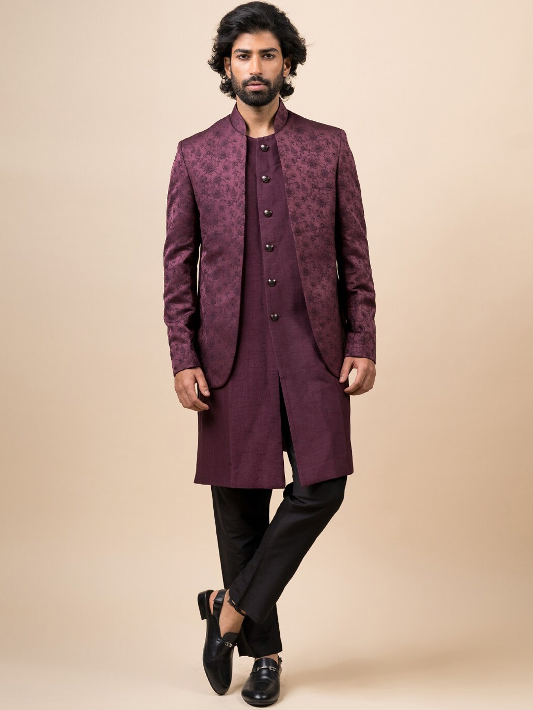 

Tasva Men Purple & Black Printed Sherwani Set