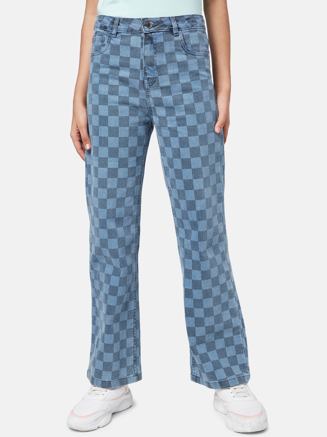 

Coolsters by Pantaloons Girls Blue Checked High-Rise Heavy Fade Cotton Jeans