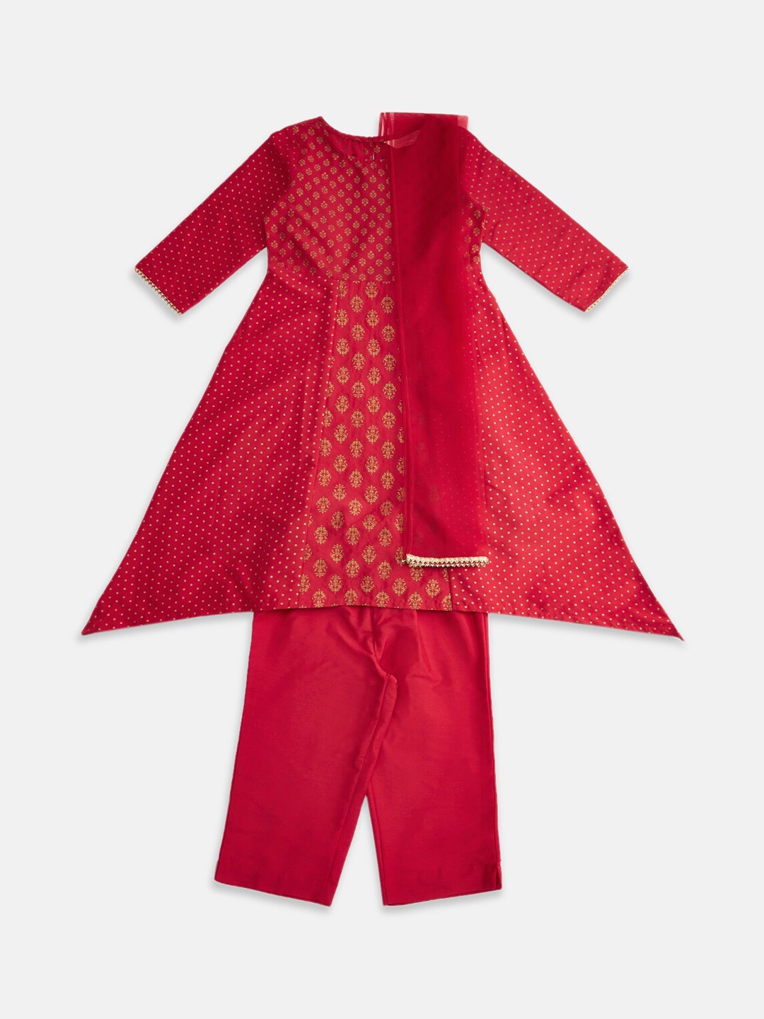

AKKRITI BY PANTALOONS Girls Red Ethnic Motifs Printed Kurta with Trousers & Dupatta