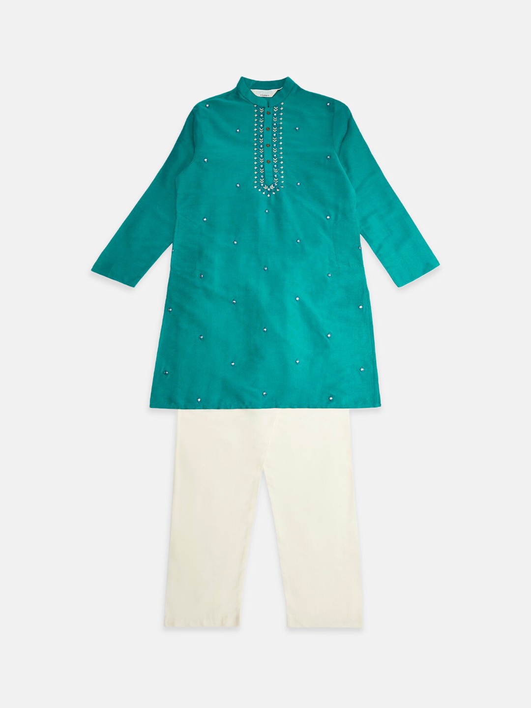 

indus route by Pantaloons Boys Teal Green & White Embroidered Kurta with Pyjama