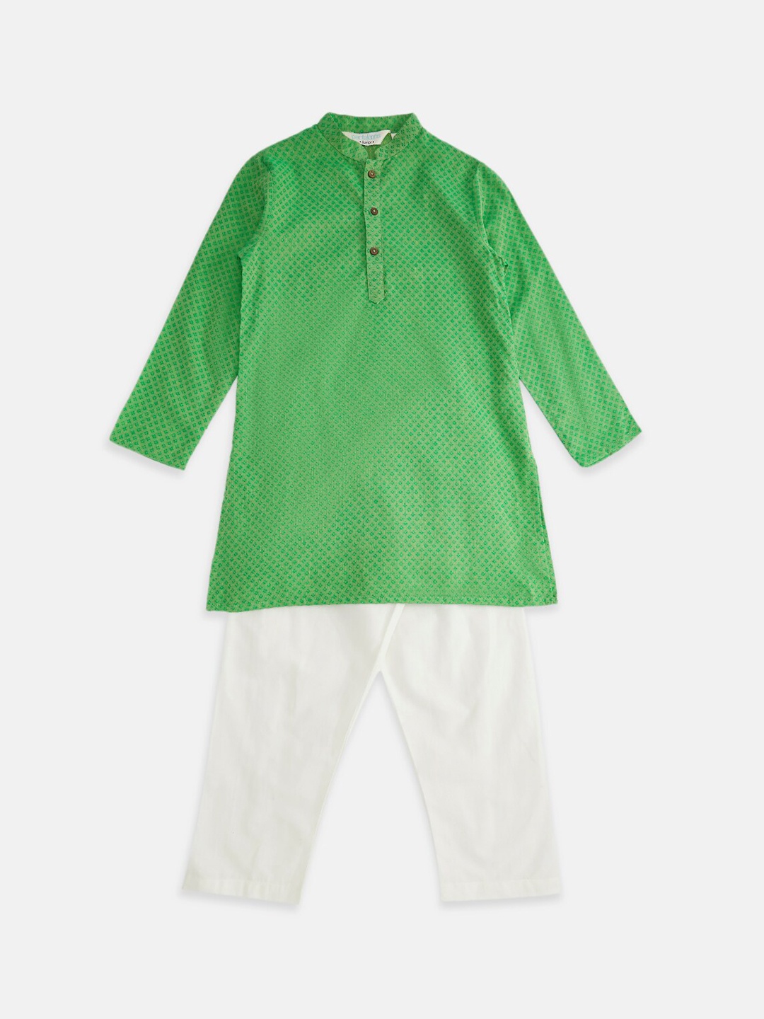 

indus route by Pantaloons Boys Lime Green & White Printed Pure Cotton Kurta with Pyjama