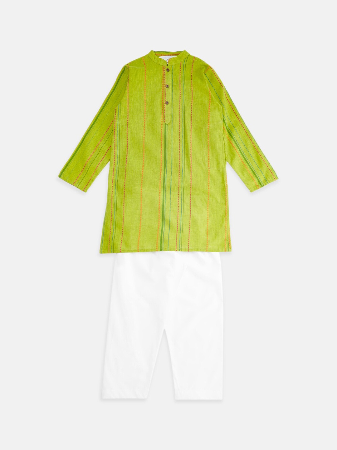 

indus route by Pantaloons Boys Lime Green & White Geometric Pure Cotton Kurta with Pyjama