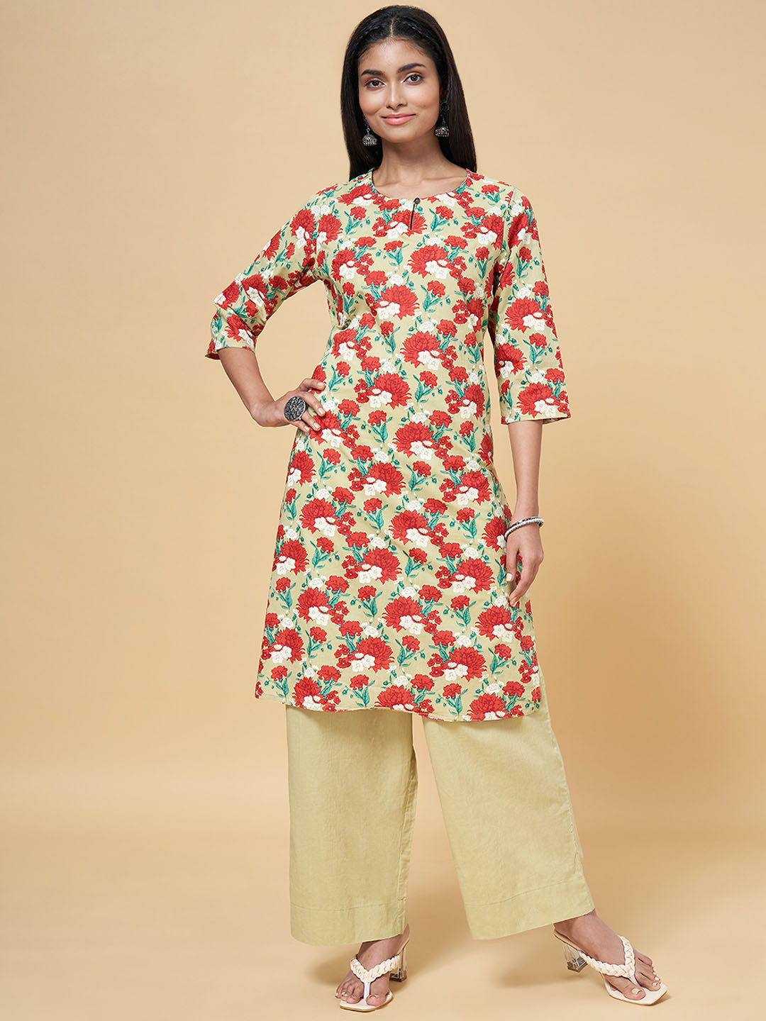 

RANGMANCH BY PANTALOONS Women Green Printed Pure Cotton Kurta with Palazzos