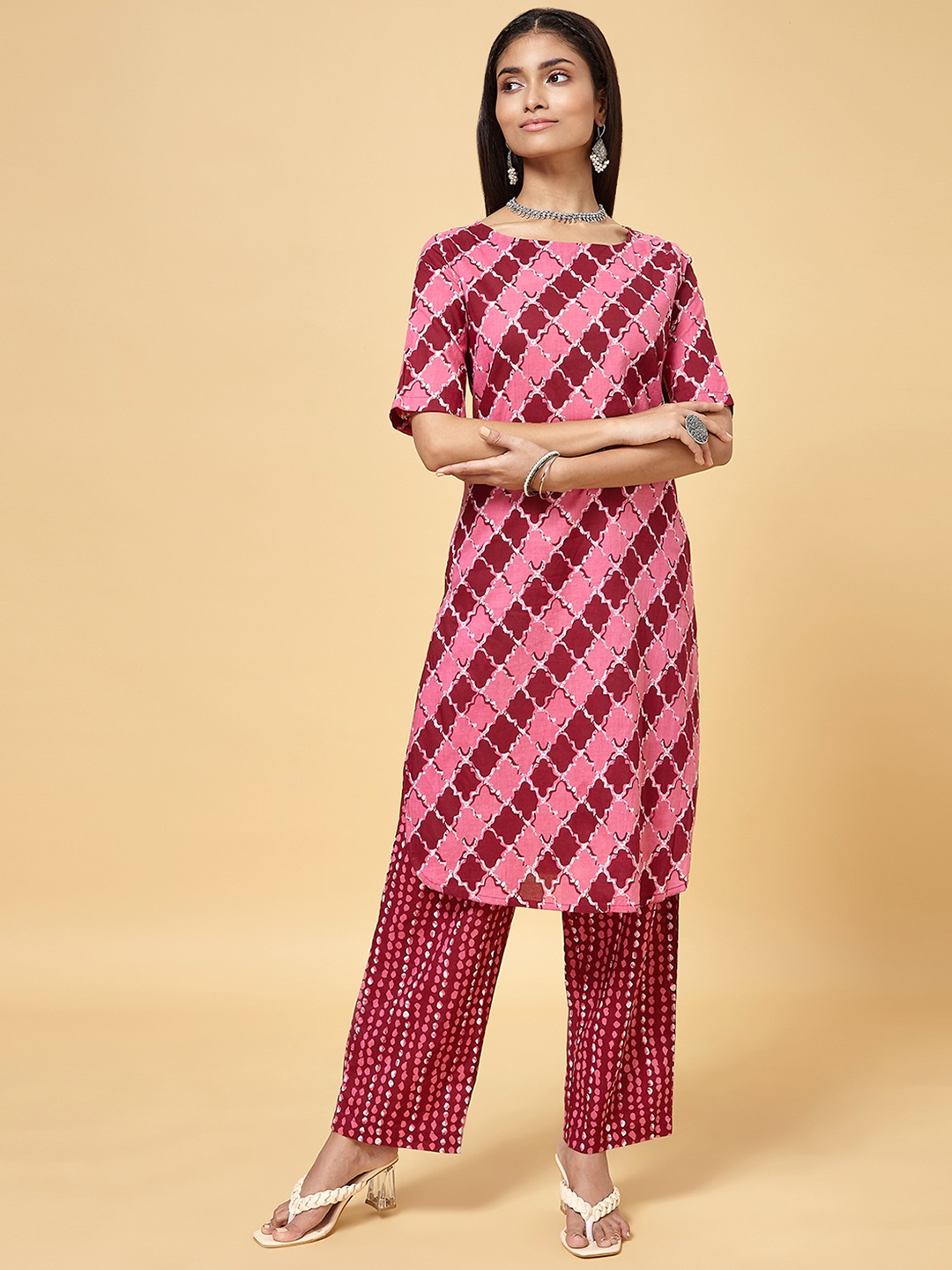 

RANGMANCH BY PANTALOONS Women Maroon Printed Pure Cotton Kurta with Trousers