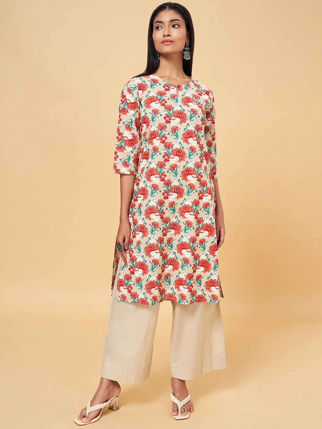 

RANGMANCH BY PANTALOONS Women Beige Floral Printed Pure Cotton Kurta with Trousers