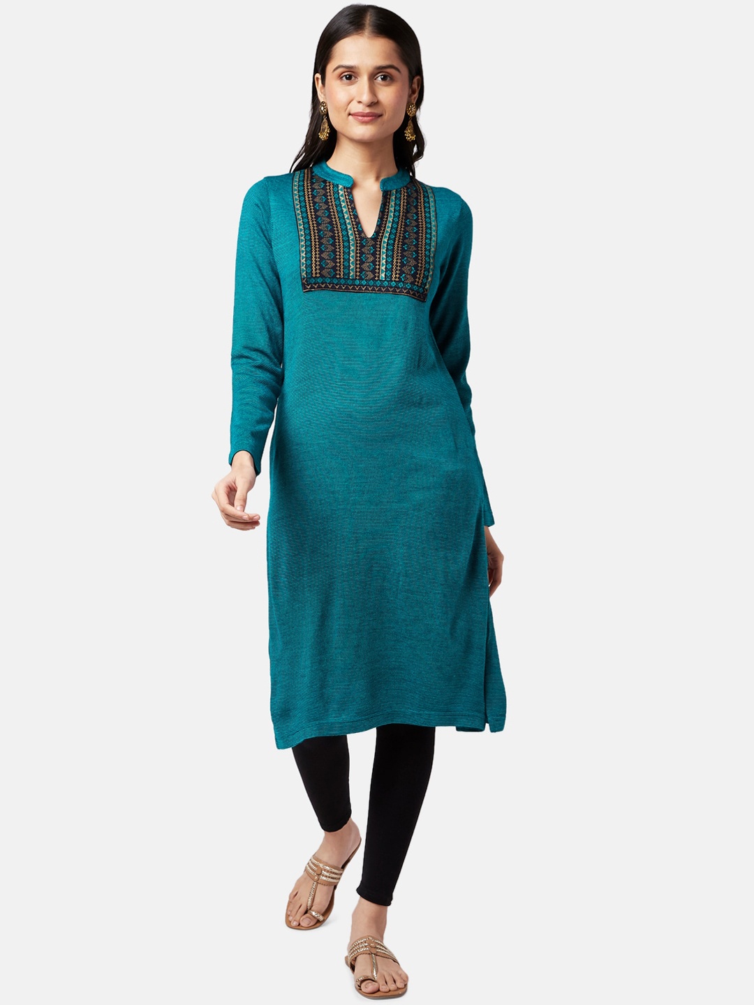 

RANGMANCH BY PANTALOONS Women Teal Blue & Black Yoke Design Thread Work Kurta