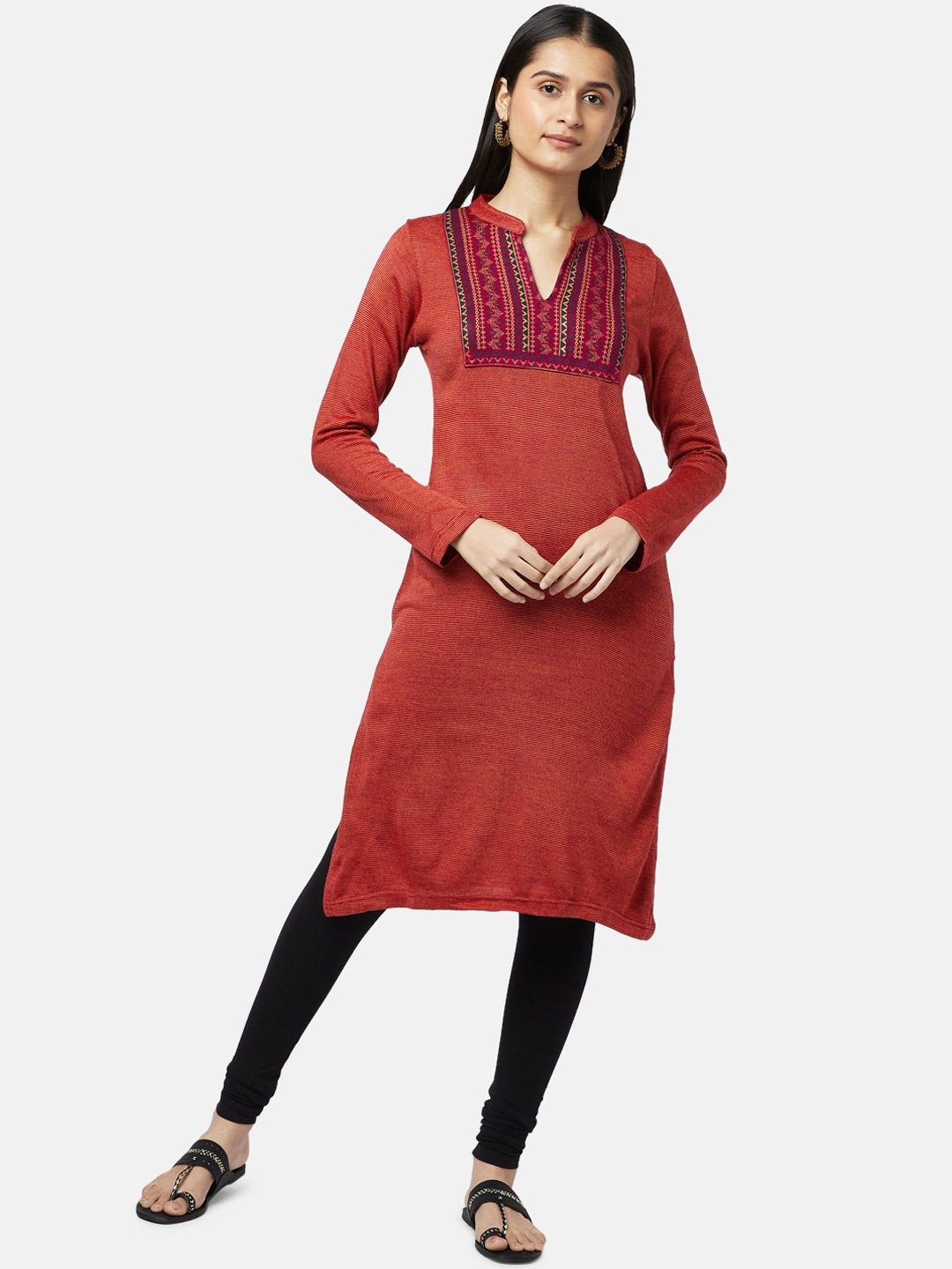 

RANGMANCH BY PANTALOONS Women Coral Geometric Yoke Design Acrylic Kurta