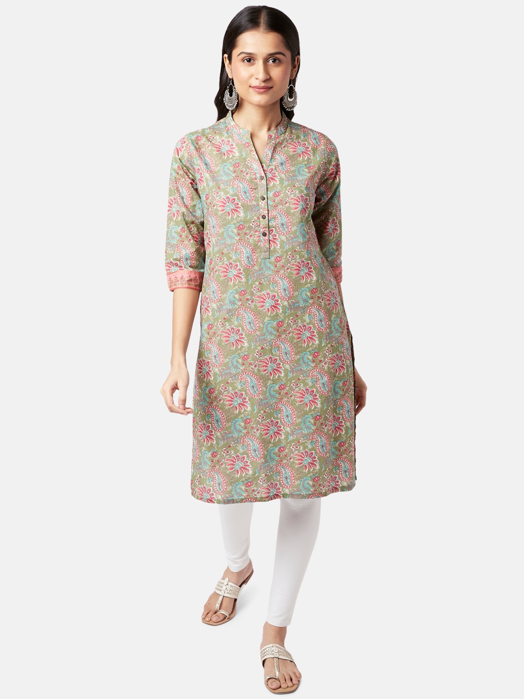 RANGMANCH BY PANTALOONS Women Green & Pink Paisley Printed Cotton Kurta