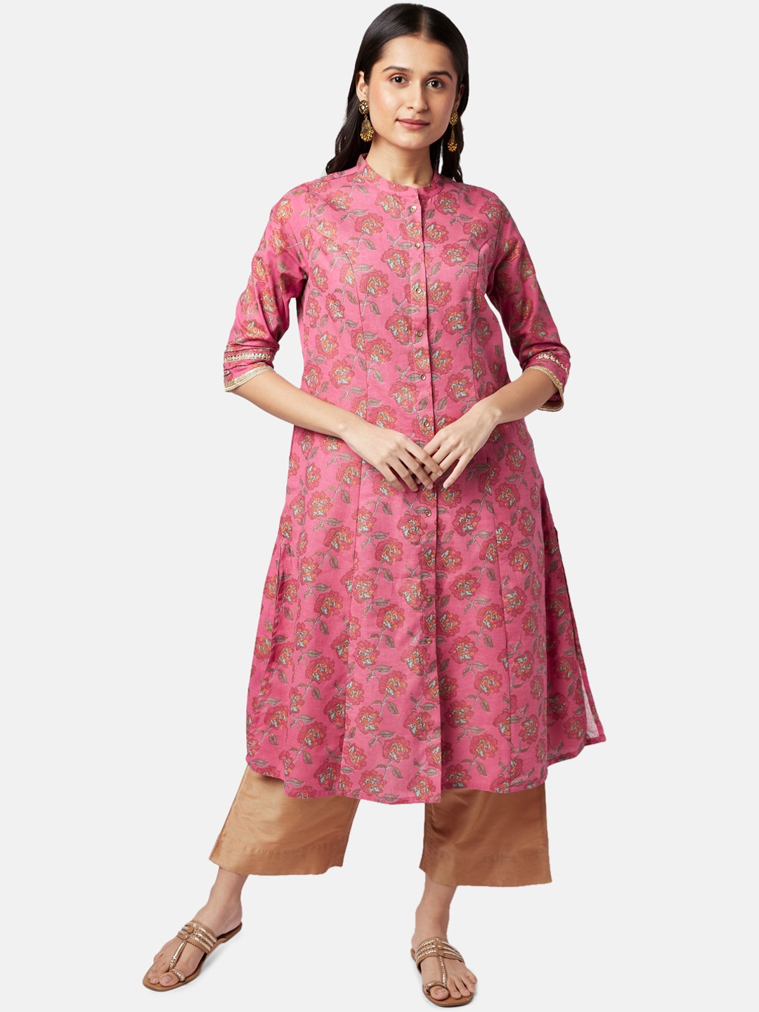 

RANGMANCH BY PANTALOONS Women Pink & Orange Floral Printed Cotton Kurta