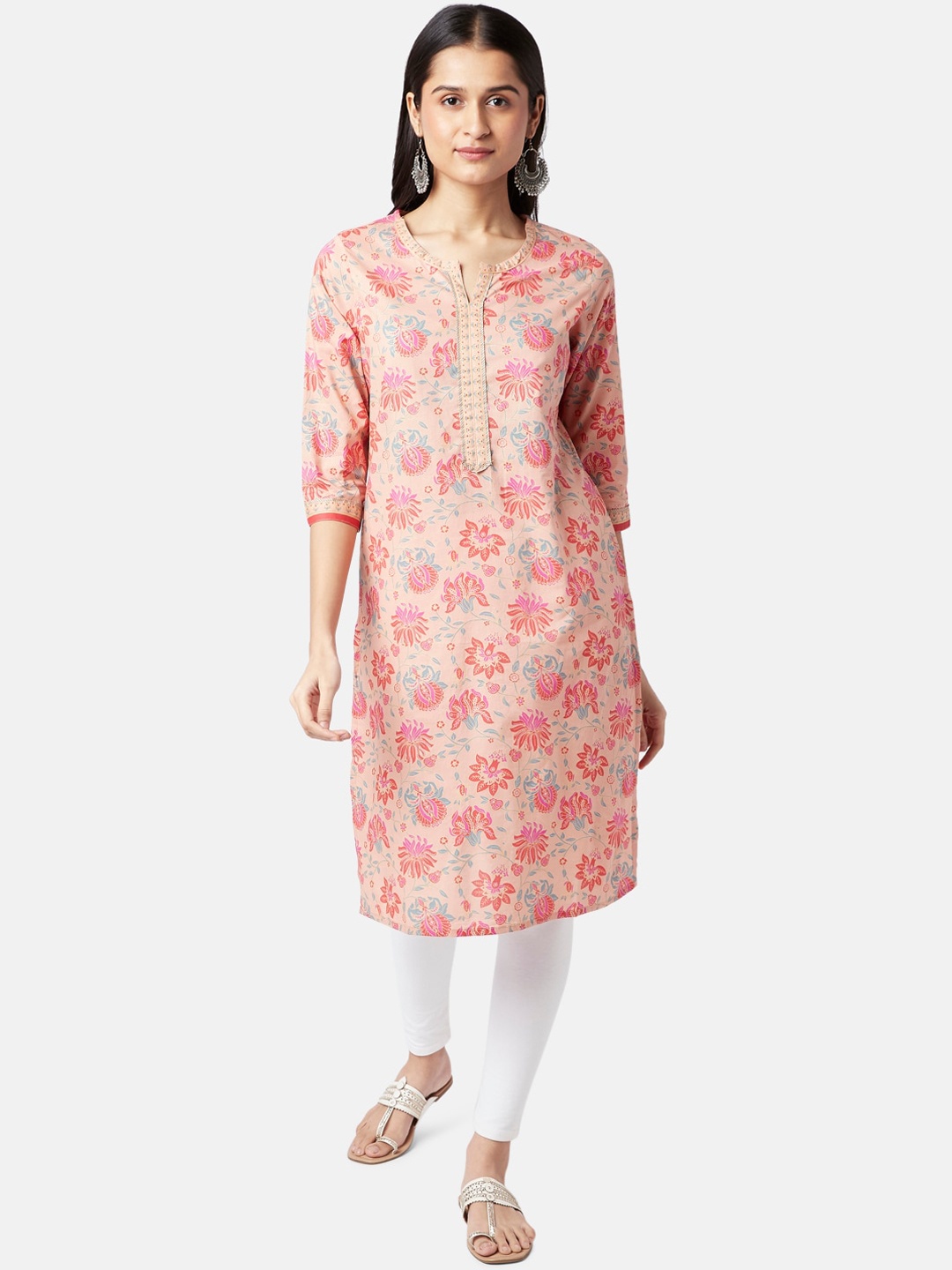 

RANGMANCH BY PANTALOONS Women Peach-Coloured & Pink Floral Printed Cotton Kurta