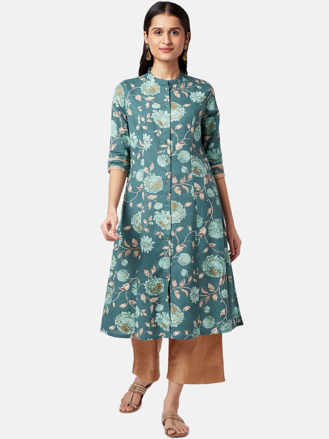 

RANGMANCH BY PANTALOONS Women Teal Floral Printed A-line Cotton Kurta