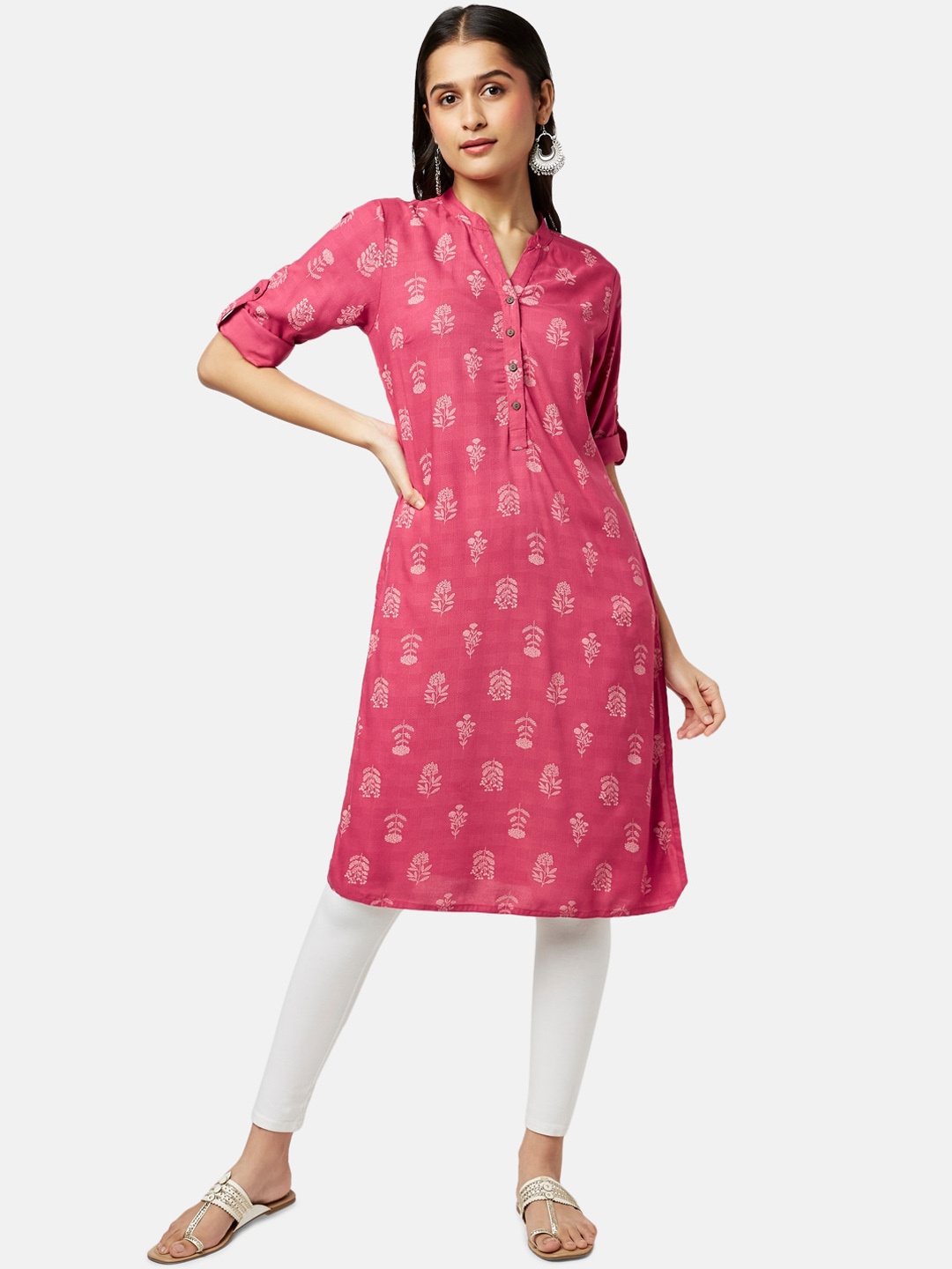 

RANGMANCH BY PANTALOONS Women Pink & White Ethnic Motifs Printed Rayon Kurta