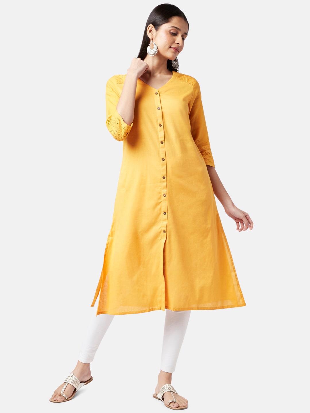 

RANGMANCH BY PANTALOONS Women Mustard Yellow Solid A-line Cotton schiffli Kurta