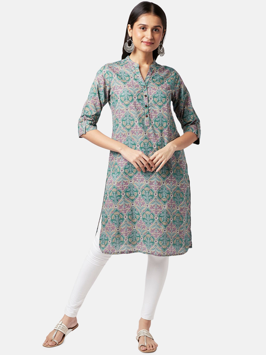 

RANGMANCH BY PANTALOONS Women Pink & Green Floral Printed Cotton Kurta