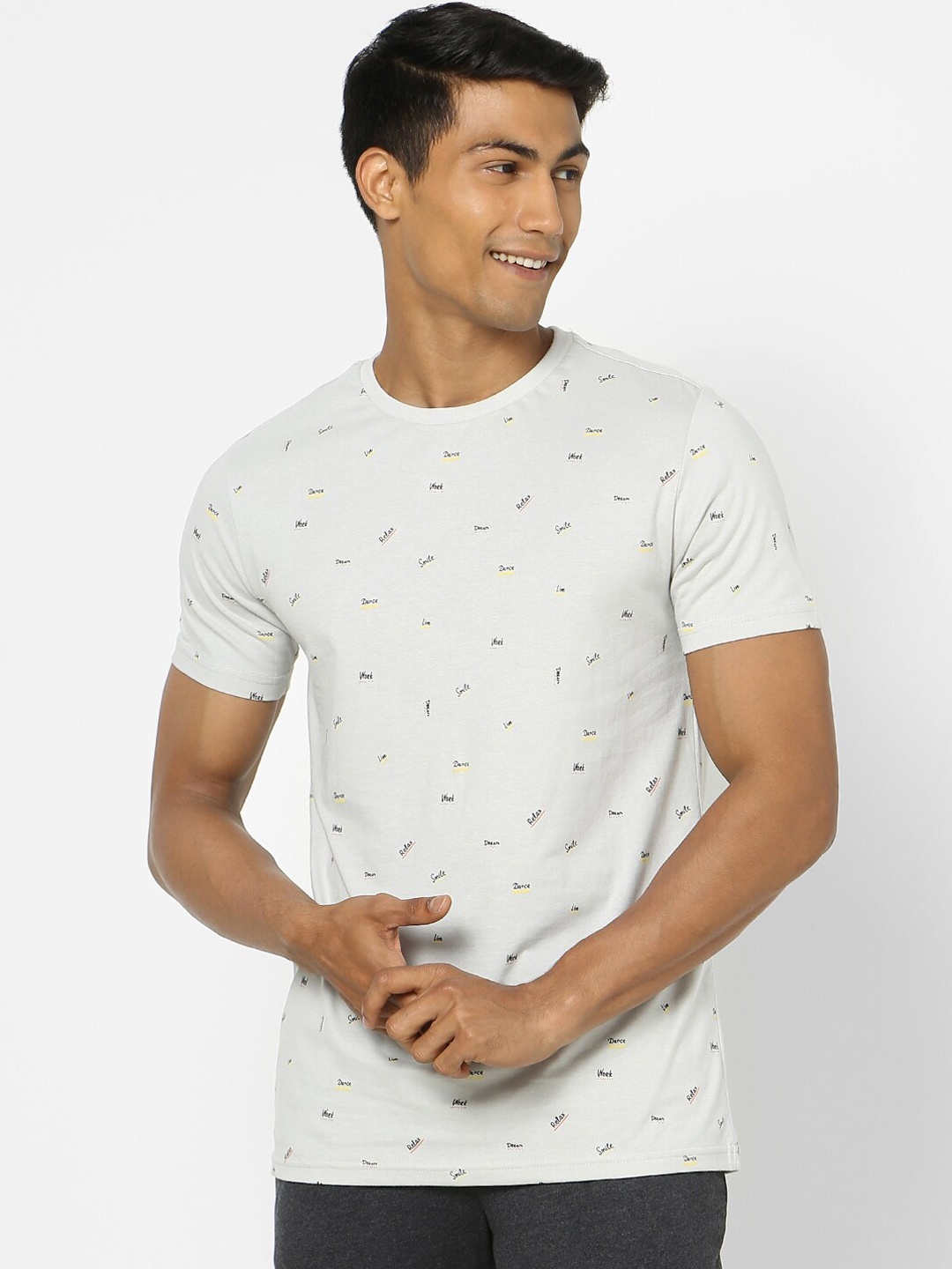 

Ajile by Pantaloons Men Grey Printed Cotton Lounge Tshirt, Off white