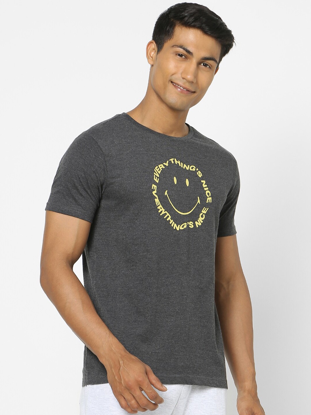 

Ajile by Pantaloons Men Charcoal & Yellow Printed Cotton Lounge T-shirt