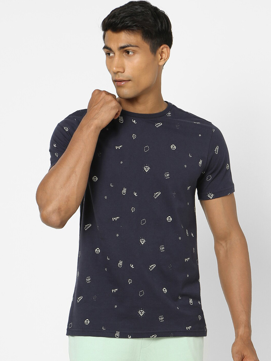 

Ajile by Pantaloons Men Navy Blue Printed Cotton Lounge Tshirt
