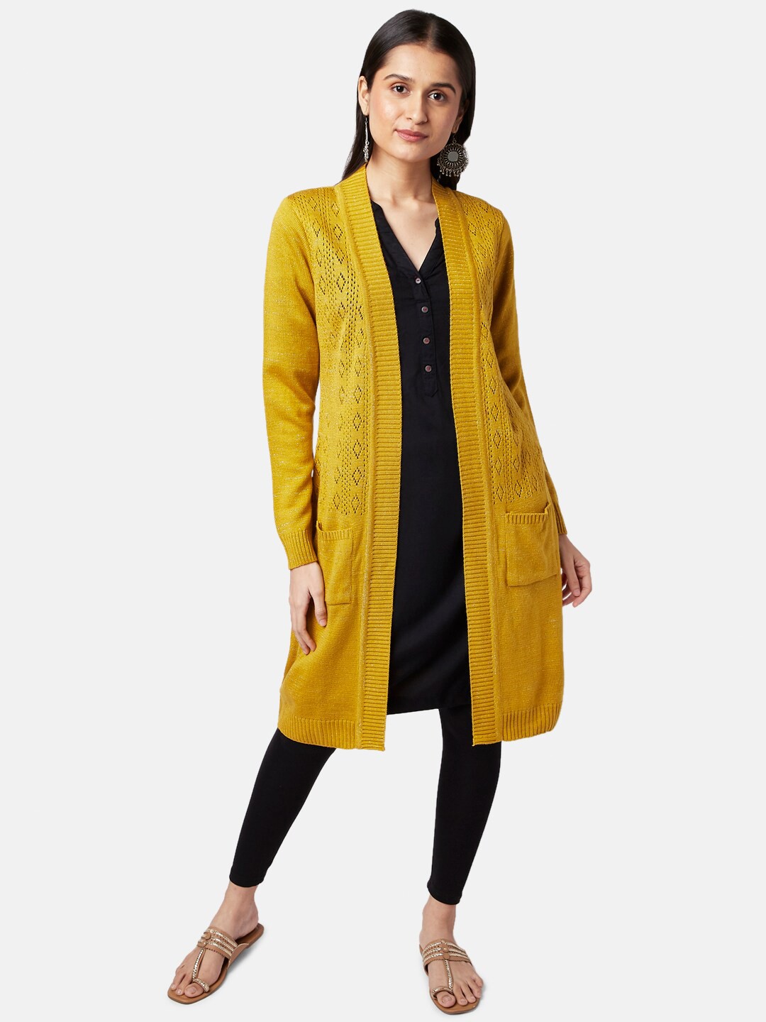 

RANGMANCH BY PANTALOONS Women Mustard Longline Acrylic Shrug
