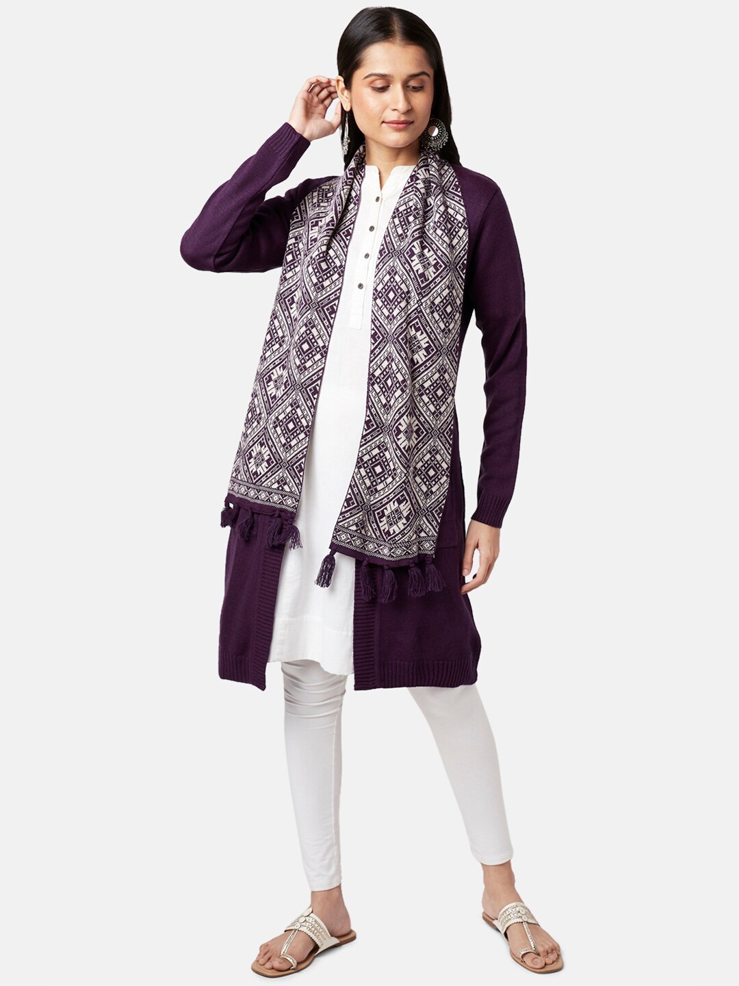 

RANGMANCH BY PANTALOONS Women Purple & White Printed Longline Acrylic Shrug
