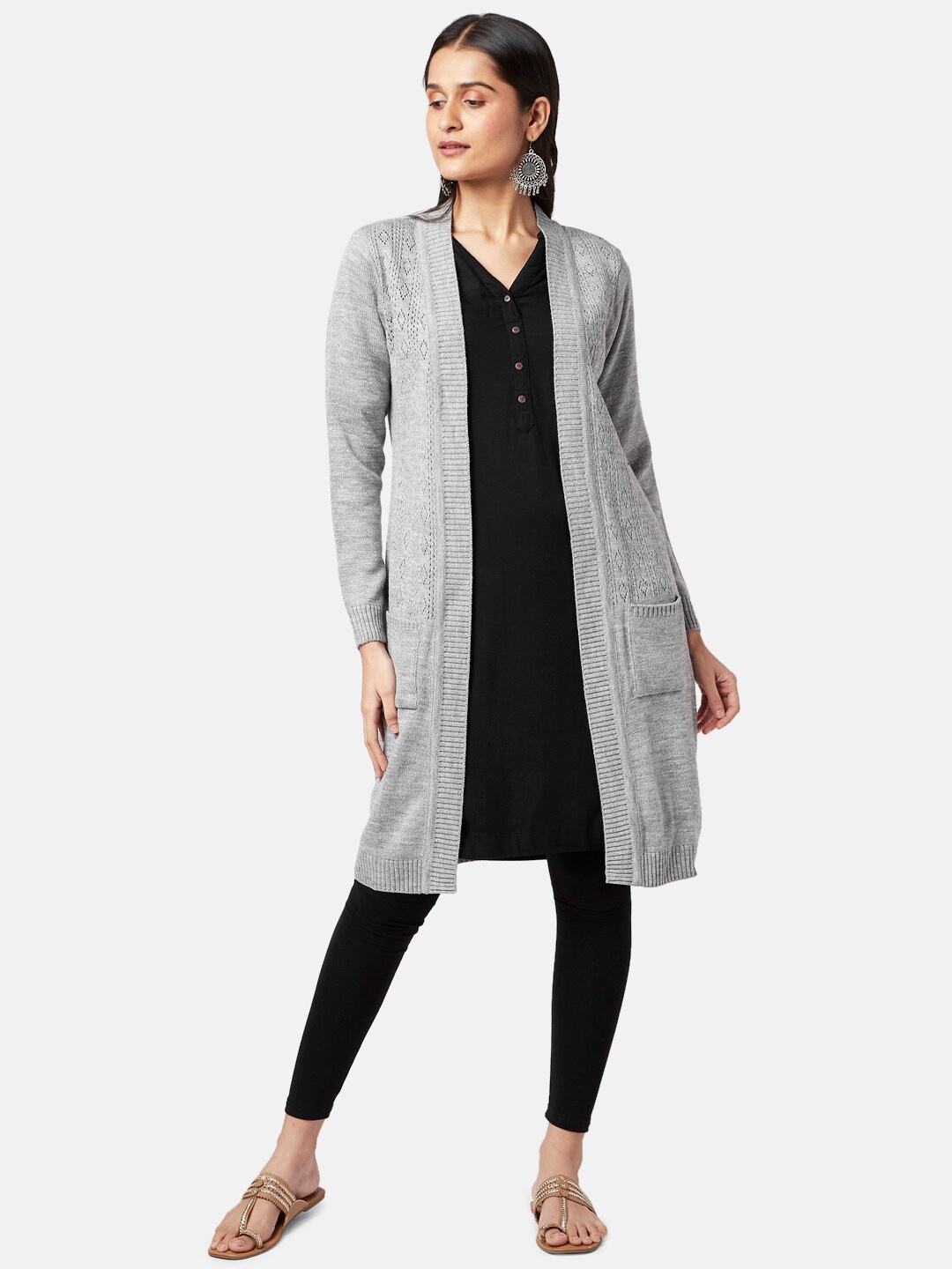 

RANGMANCH BY PANTALOONS Women Grey Longline Acrylic Shrug