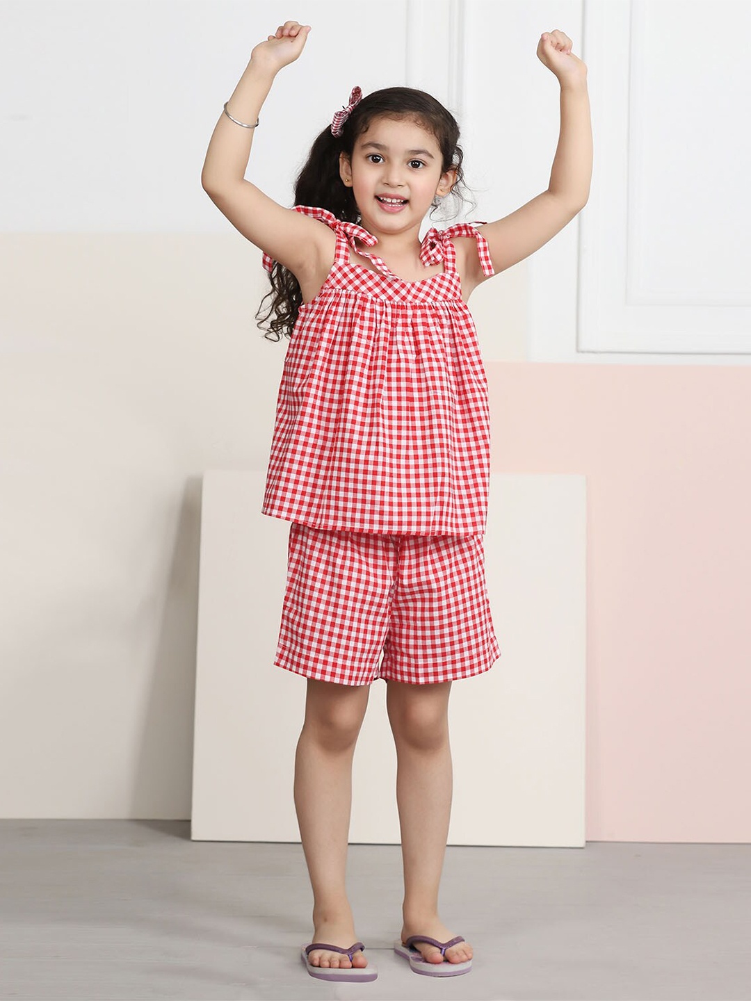 

Biglilpeople Girls Red & White Pure Cotton Checked Top with Shorts