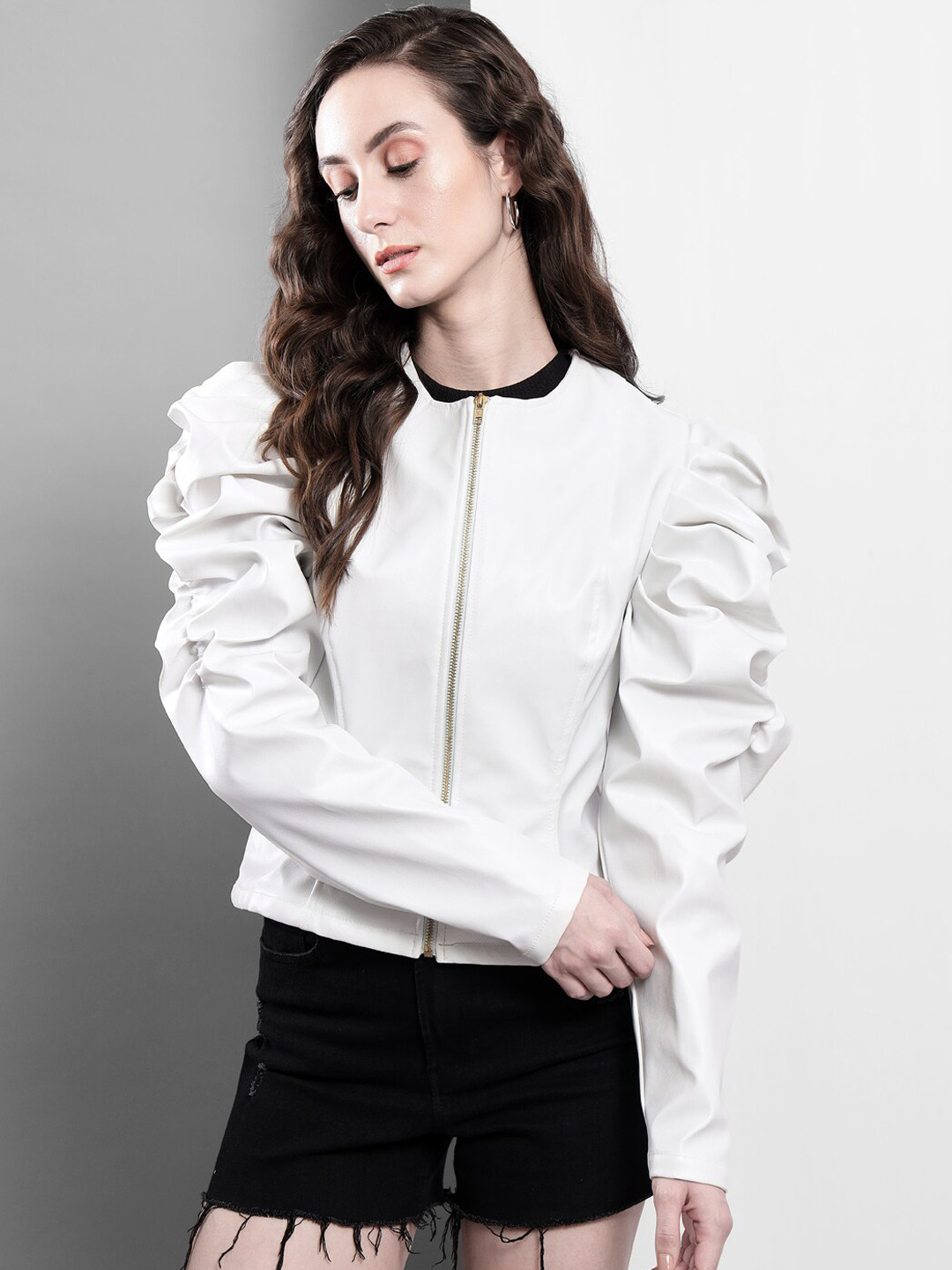 

Darzi Women White Leather Bomber Jacket