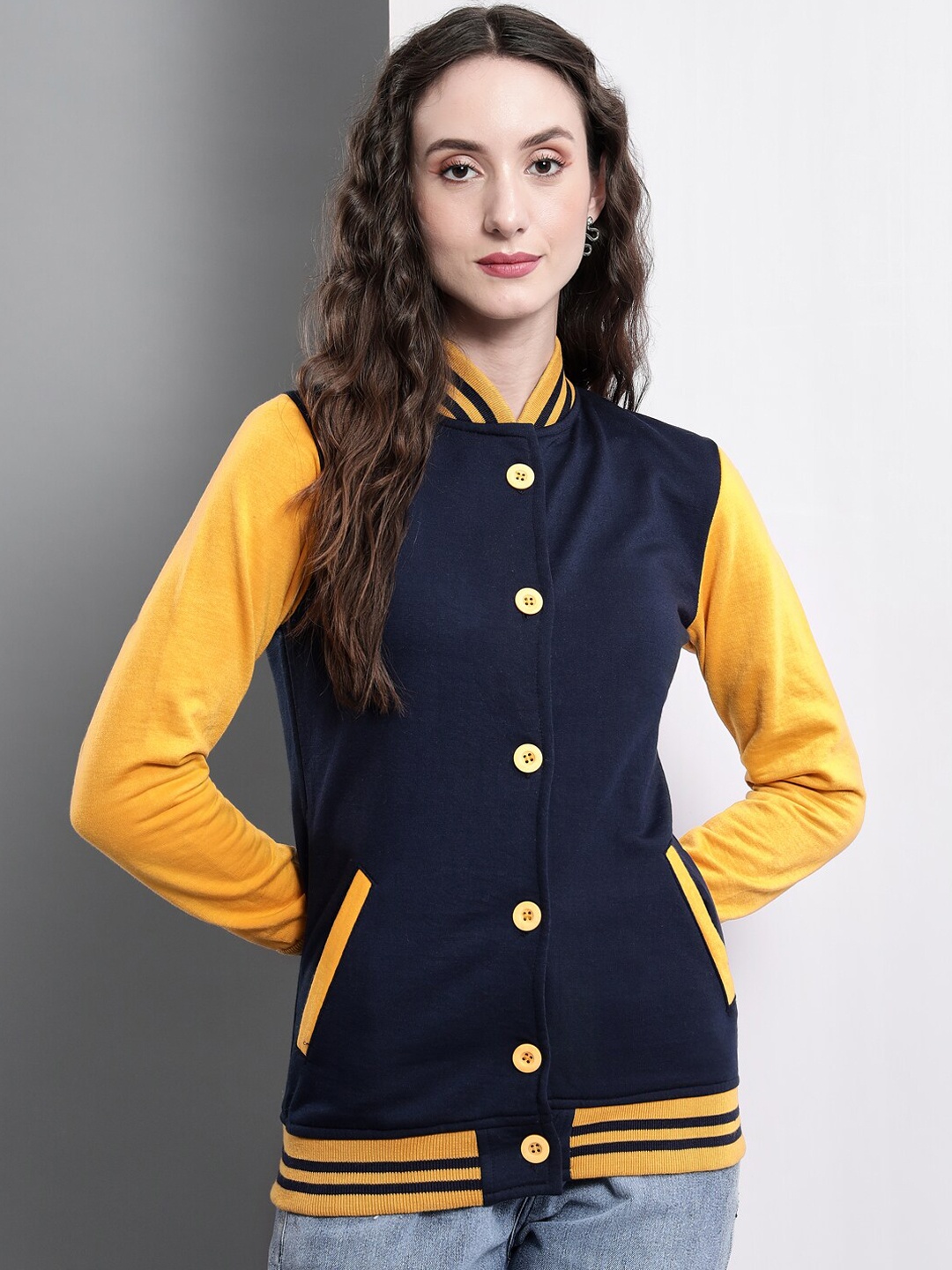 

Darzi Women Navy Blue Yellow Tailored Jacket